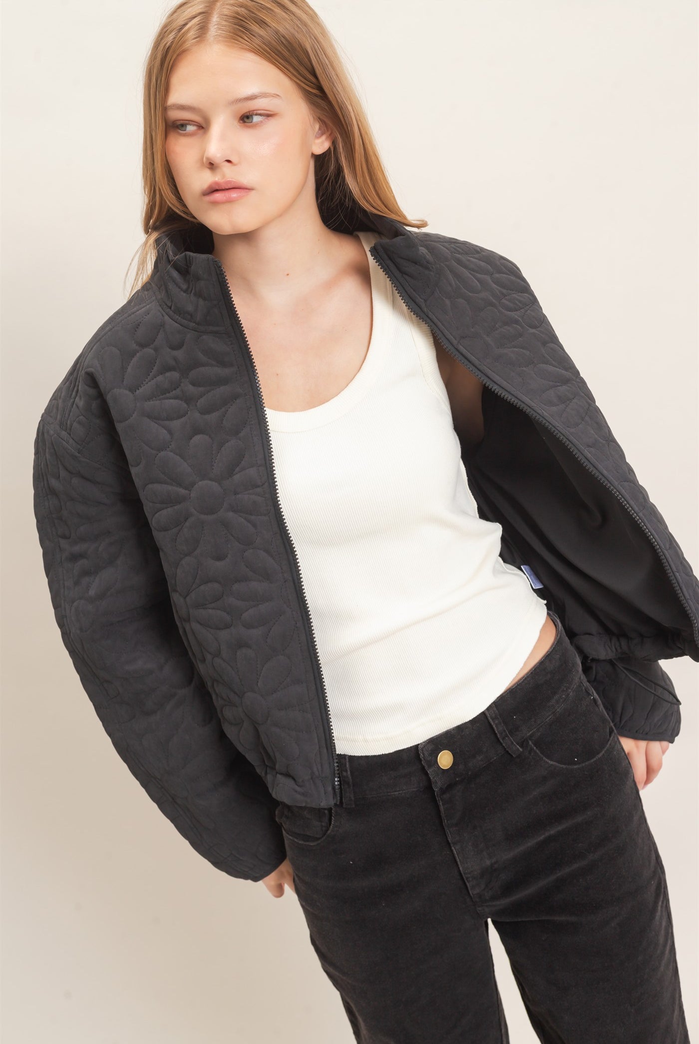Wholesale Daisy Quilted Mock Neck Jacket Coats & Jackets HF26C821 BLACK HYFVE