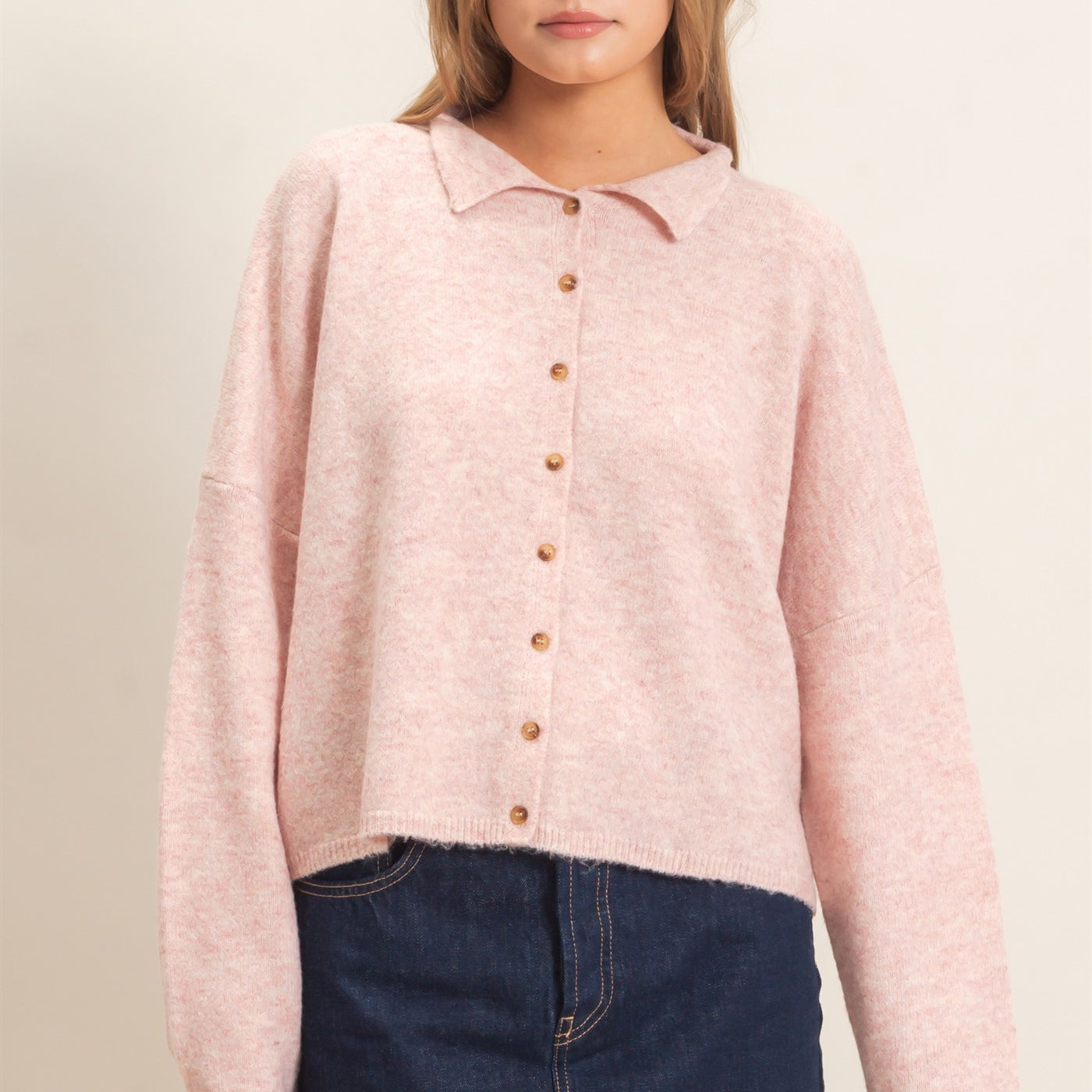 Wholesale Button-Up Collared Sweater Cardigan Cardigans HF26E039 LIGHT PINK HYFVE