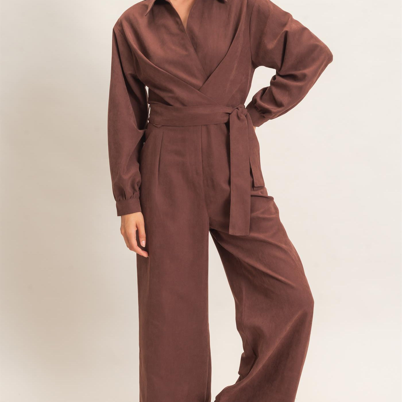 Wholesale Collared Wrap Suede Jumpsuit Clothing HF26C905 BROWN HYFVE