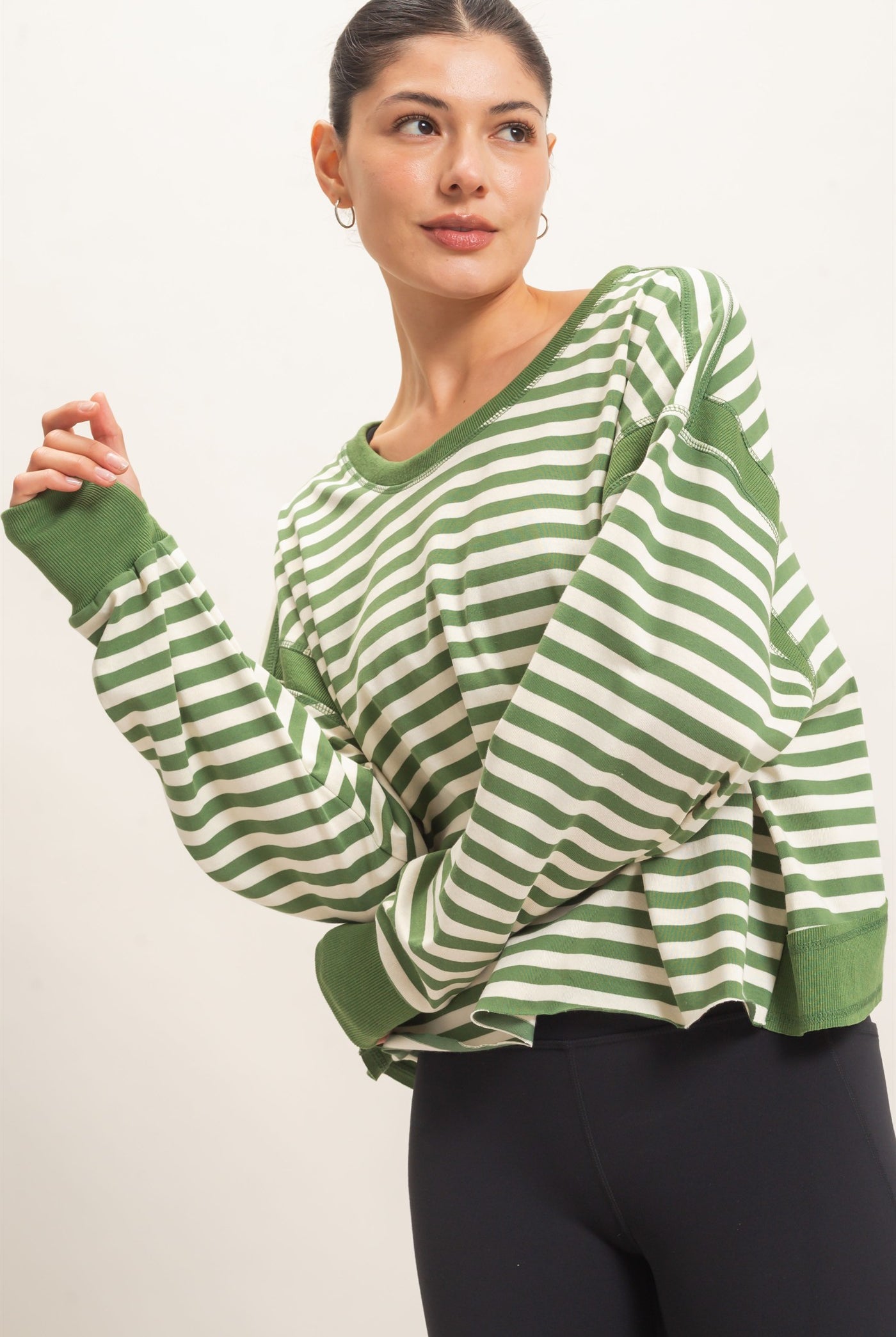 Wholesale Striped Long Sleeve Top Clothing Tops HF26C908-D GREEN HYFVE