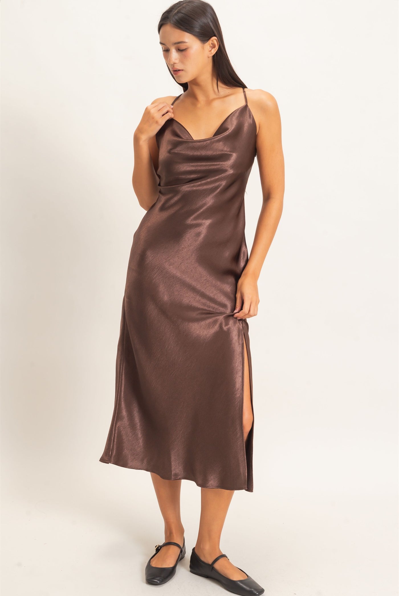 Wholesale Cowl Neck Satin Slip Dress Dresses DZ26E251 DARK BROWN DOUBLE ZERO
