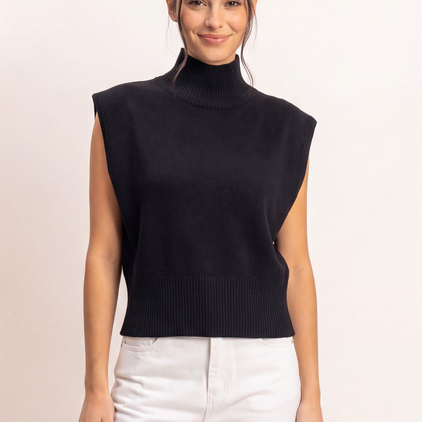Wholesale Sleeveless High Neck Knit Top Clothing Tops DZ26E946 BLACK DOUBLE ZERO