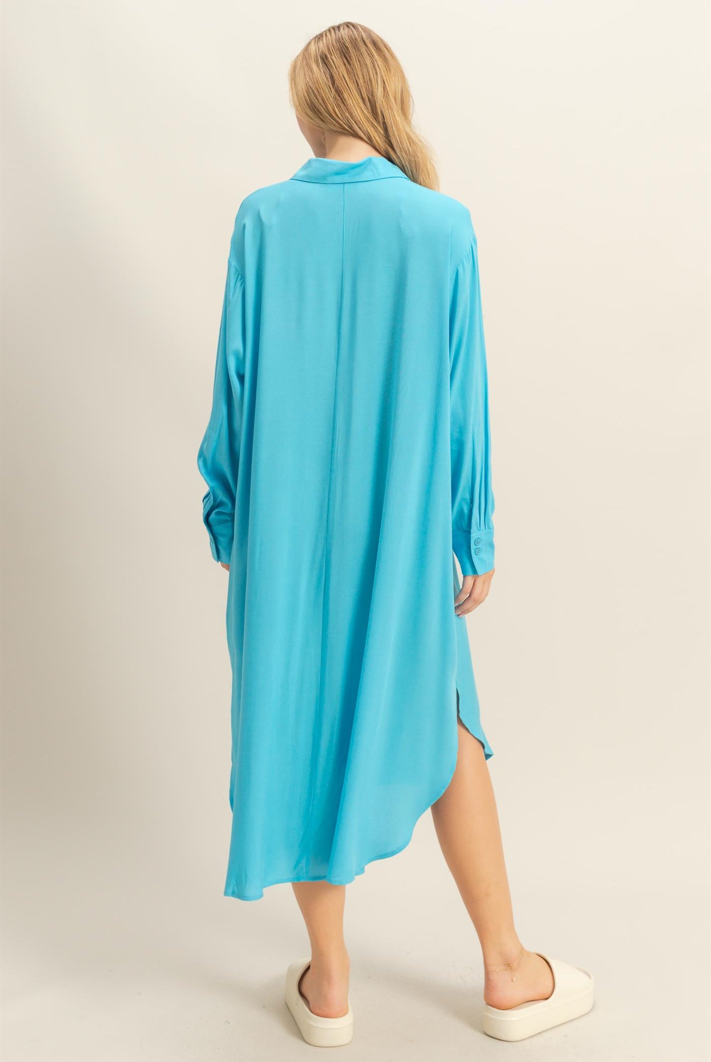 Wholesale V-Neck Long Sleeved Midi Shirts Dress Dresses DZ24E706 AQUA BLUE DOUBLE ZERO