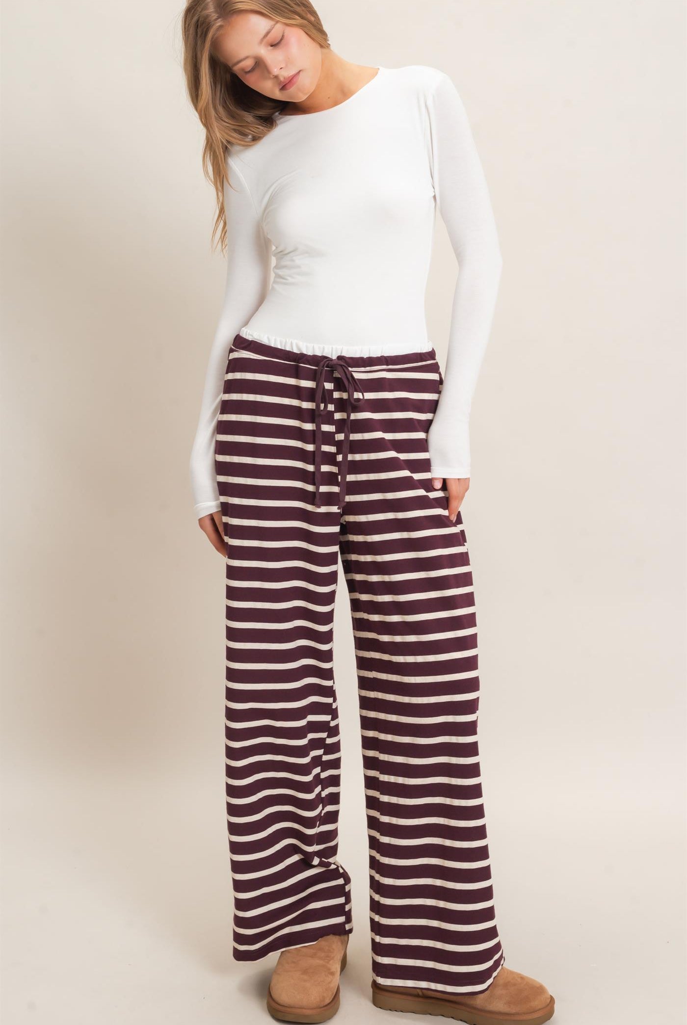 Wholesale Striped Wide-Leg Pants Pants HF26F229-D RASPBERRY/ECRU HYFVE