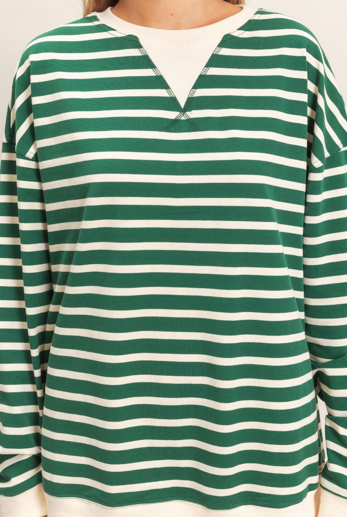 Wholesale Striped Long Sleeve Pullover Sweatshirts HF26F077 GREEN/CREAM HYFVE