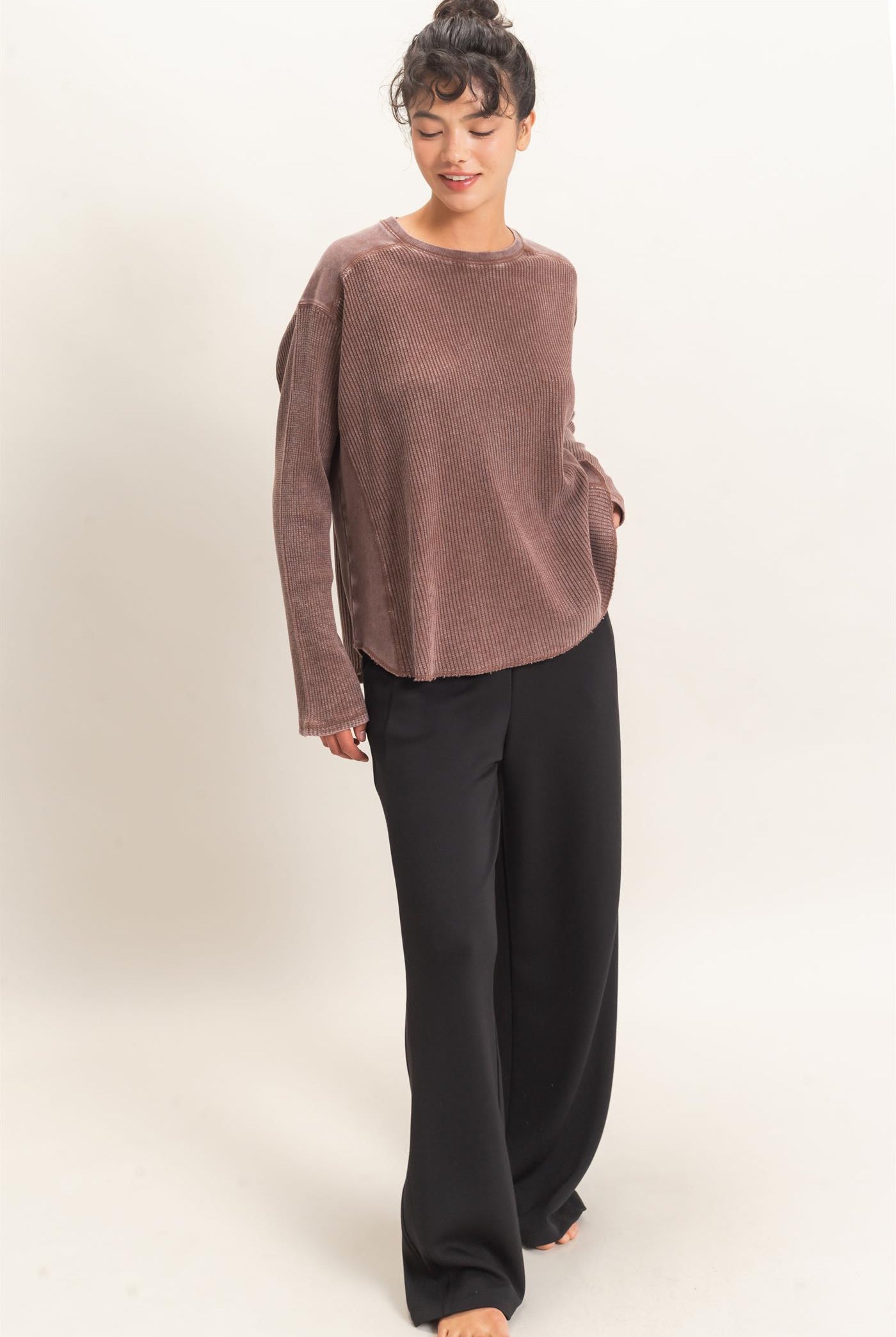 Wholesale Oversized Mineral Washed Waffle Knit Top Clothing Tops DZ26E654 DARK BROWN DOUBLE ZERO