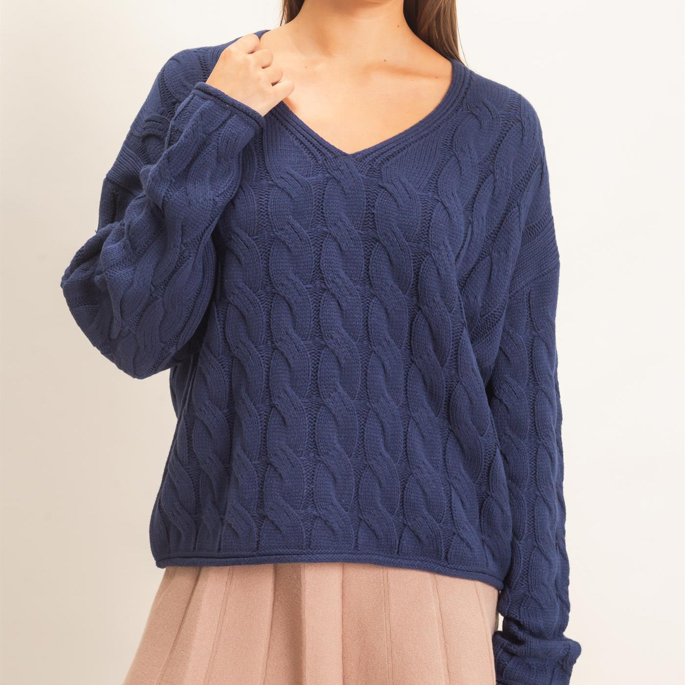 Wholesale Cable Knit V-Neck Sweater Sweaters DZ26E087 NAVY DOUBLE ZERO