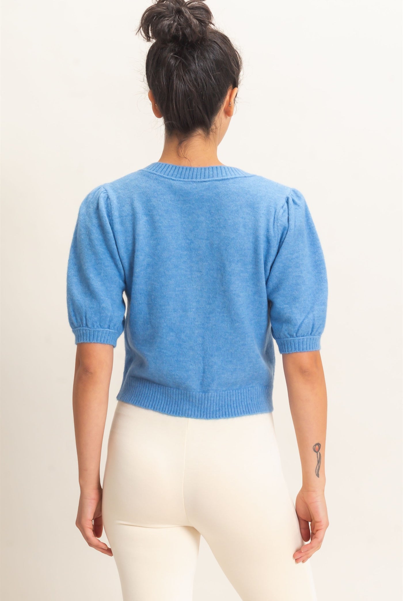 Wholesale Button Front Puff Short Sleeve Cardigan Cardigans DZ26C960 BLUE DOUBLE ZERO