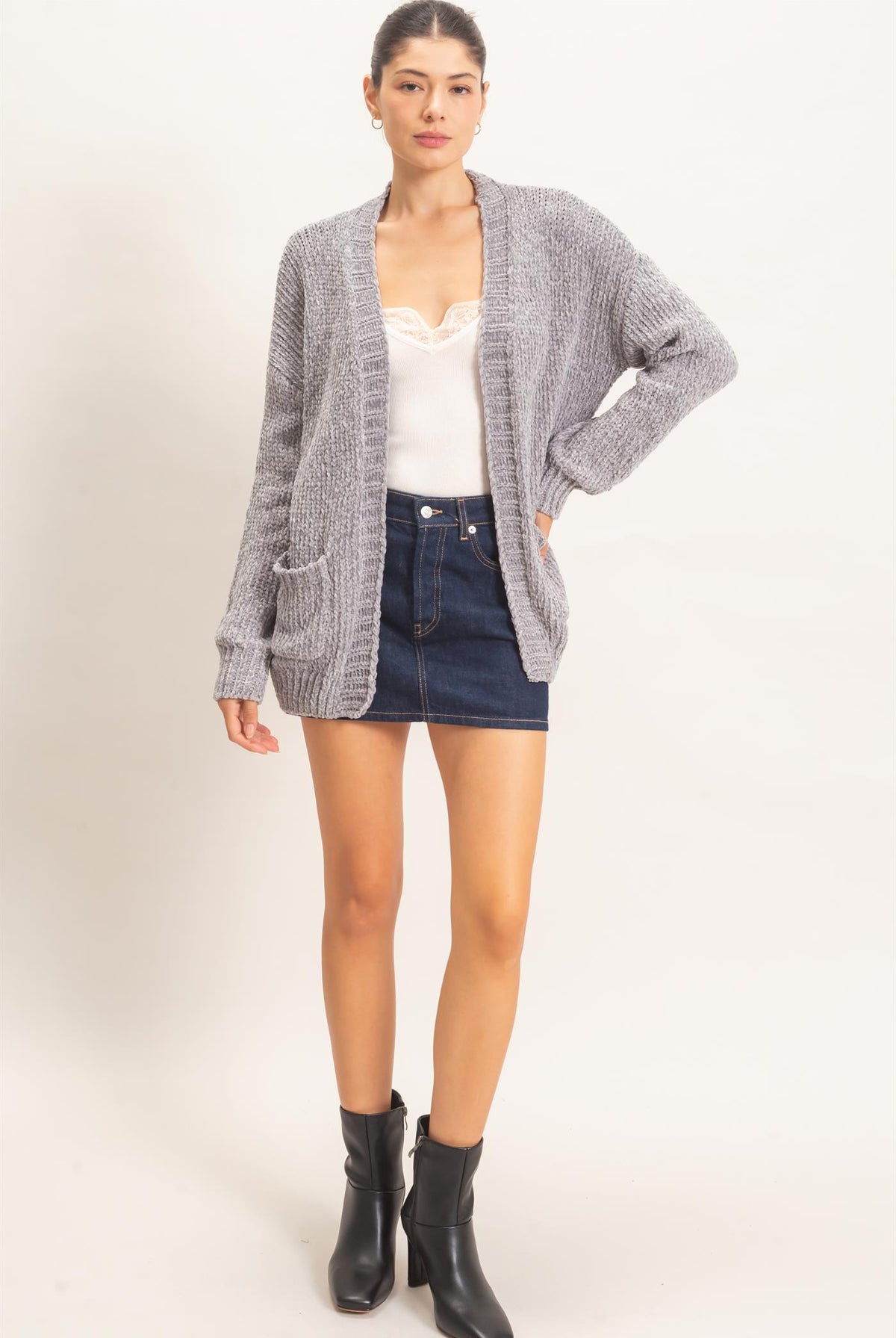 Wholesale Patch Pocket Chenille Cardigan Cardigans HF26E839 LIGHT GRAY HYFVE