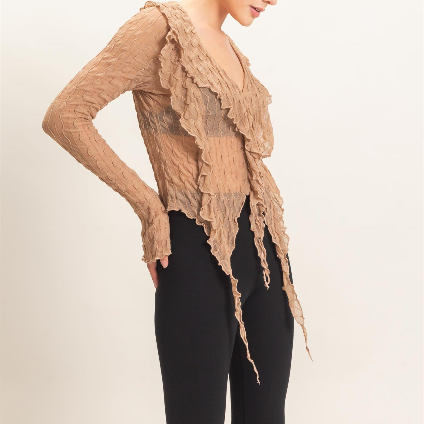 Wholesale Textured V-Neck Tie Front Top Blouses HF26F072 TAN HYFVE