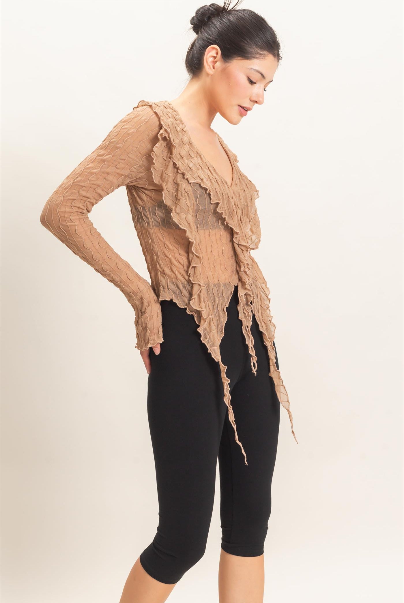 Wholesale Textured V-Neck Tie Front Top Blouses HF26F072 TAN HYFVE