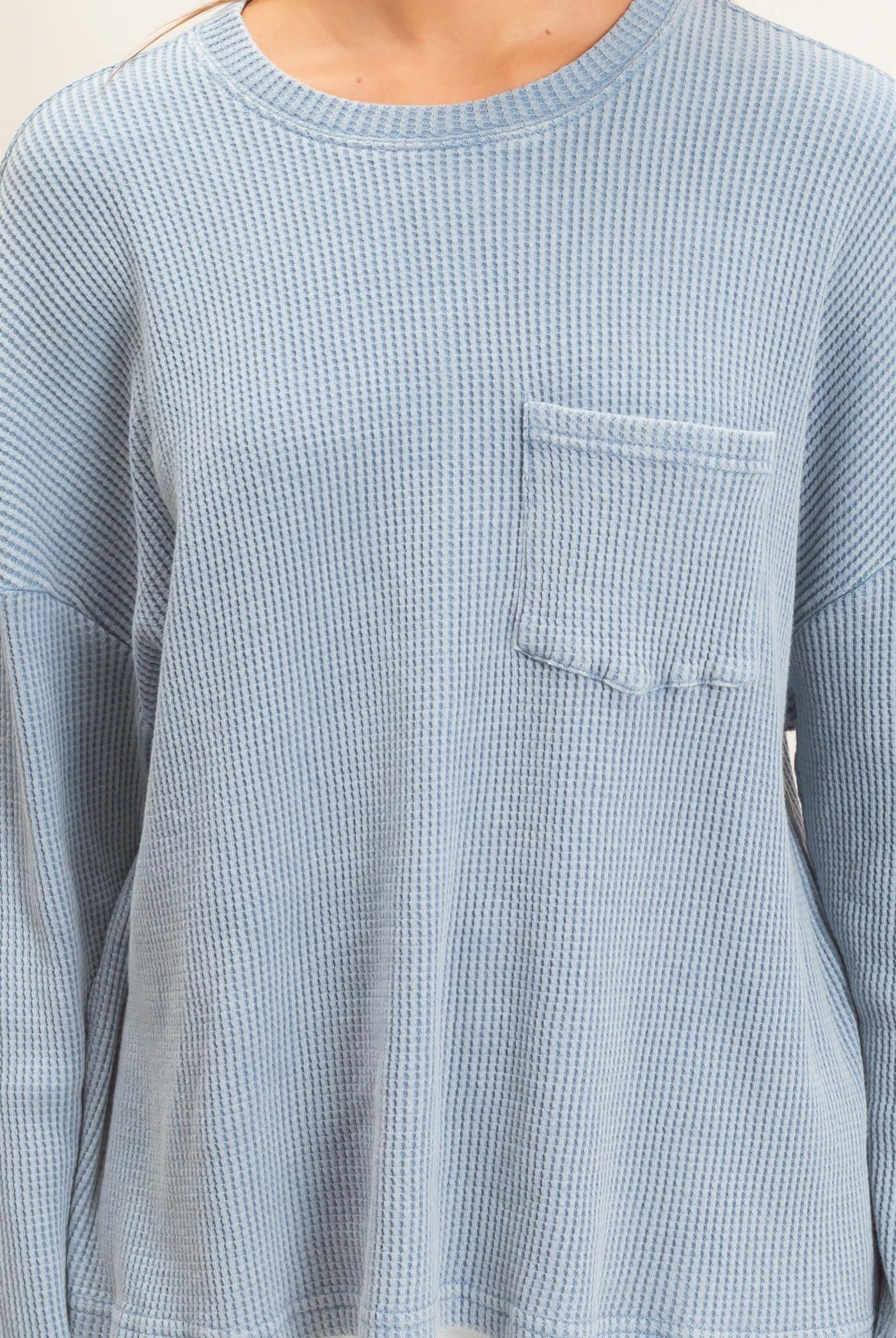 Wholesale Mineral Wash Waffle Long Sleeve Top Clothing Tops DZ26F242 DUSTY BLUE DOUBLE ZERO