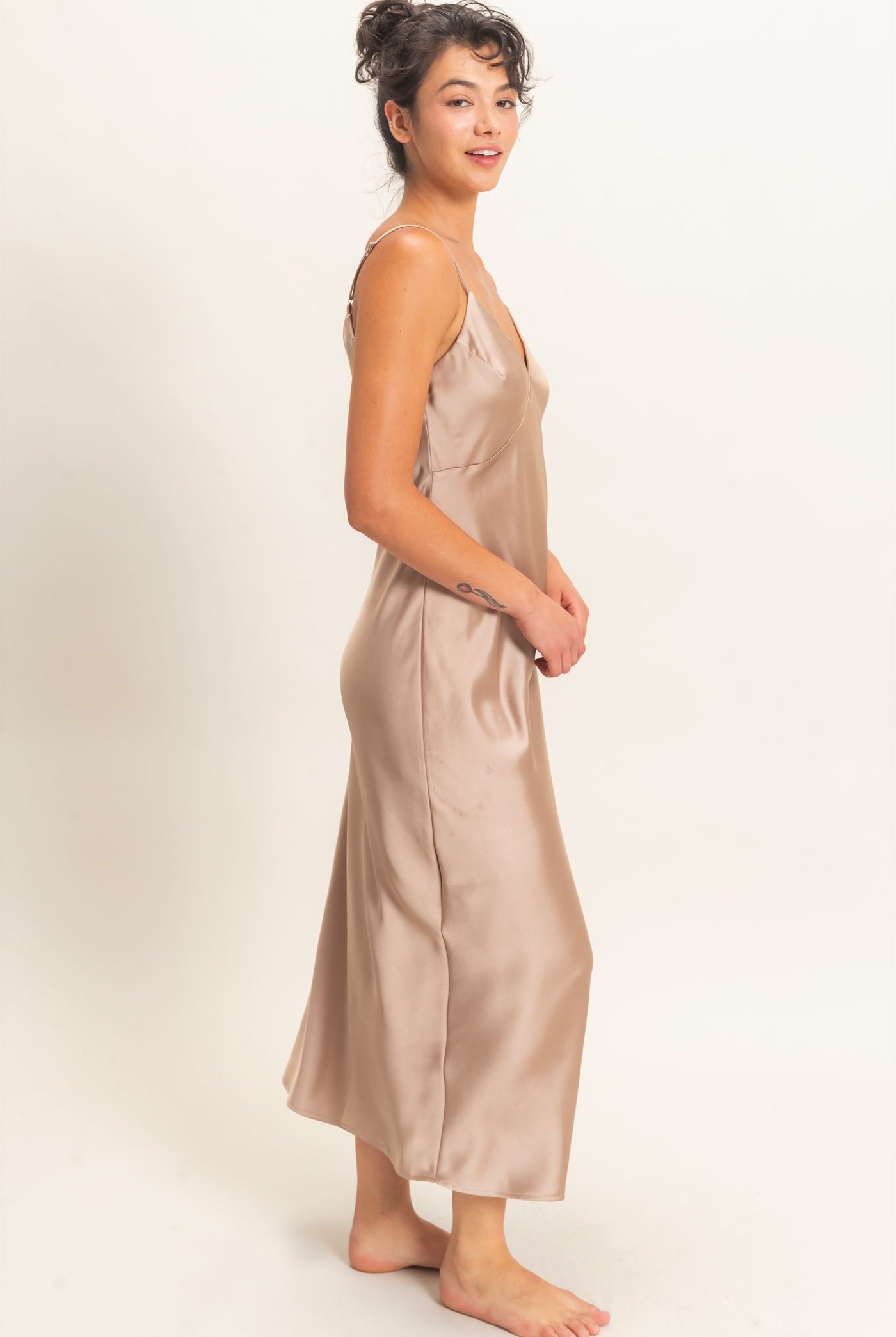 Wholesale Satin V-Neck Slip Dress Dresses DZ26E262 DARK TAUPE DOUBLE ZERO