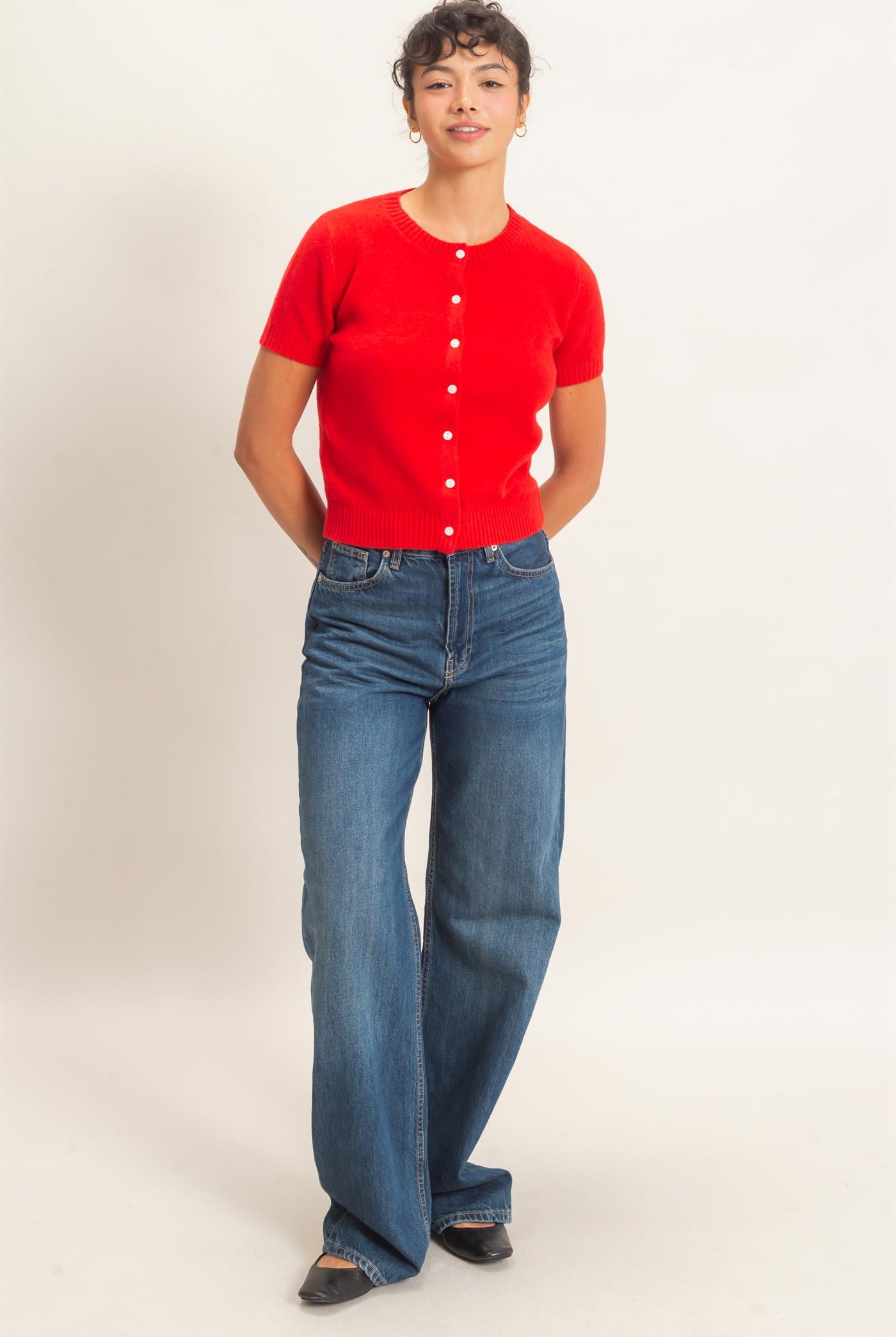 Wholesale Crew Neck Short Sleeve Cardigan Cardigans DZ26E108 RED DOUBLE ZERO