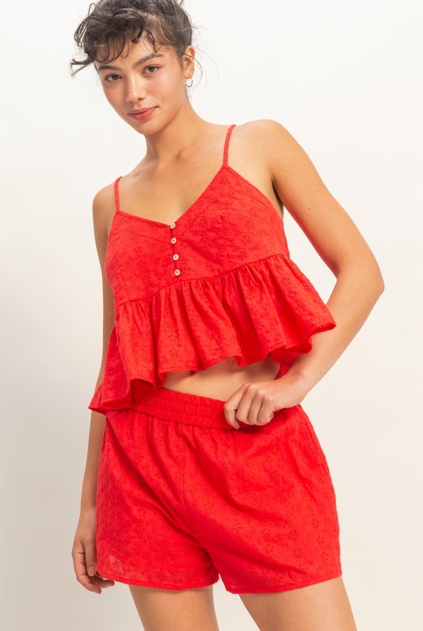 Wholesale Eyelet Button Detail Peplum Top Camisoles DZ26A783 RED DOUBLE ZERO