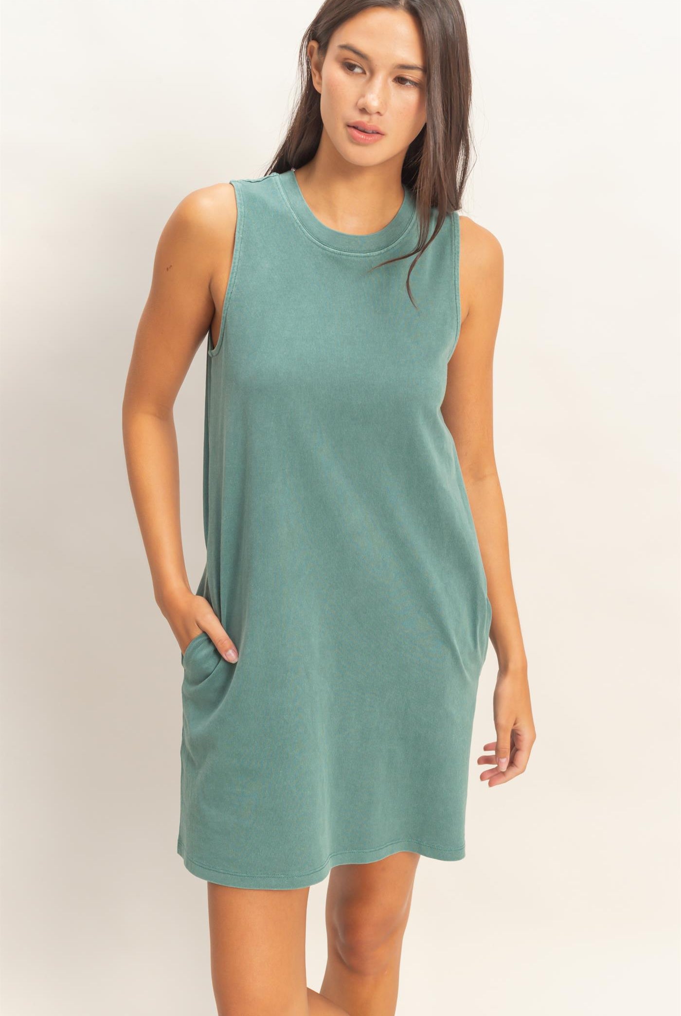 Wholesale Pigment Dyed Sleeveless Mini Dres Dresses DZ26A745 DARK TEAL DOUBLE ZERO