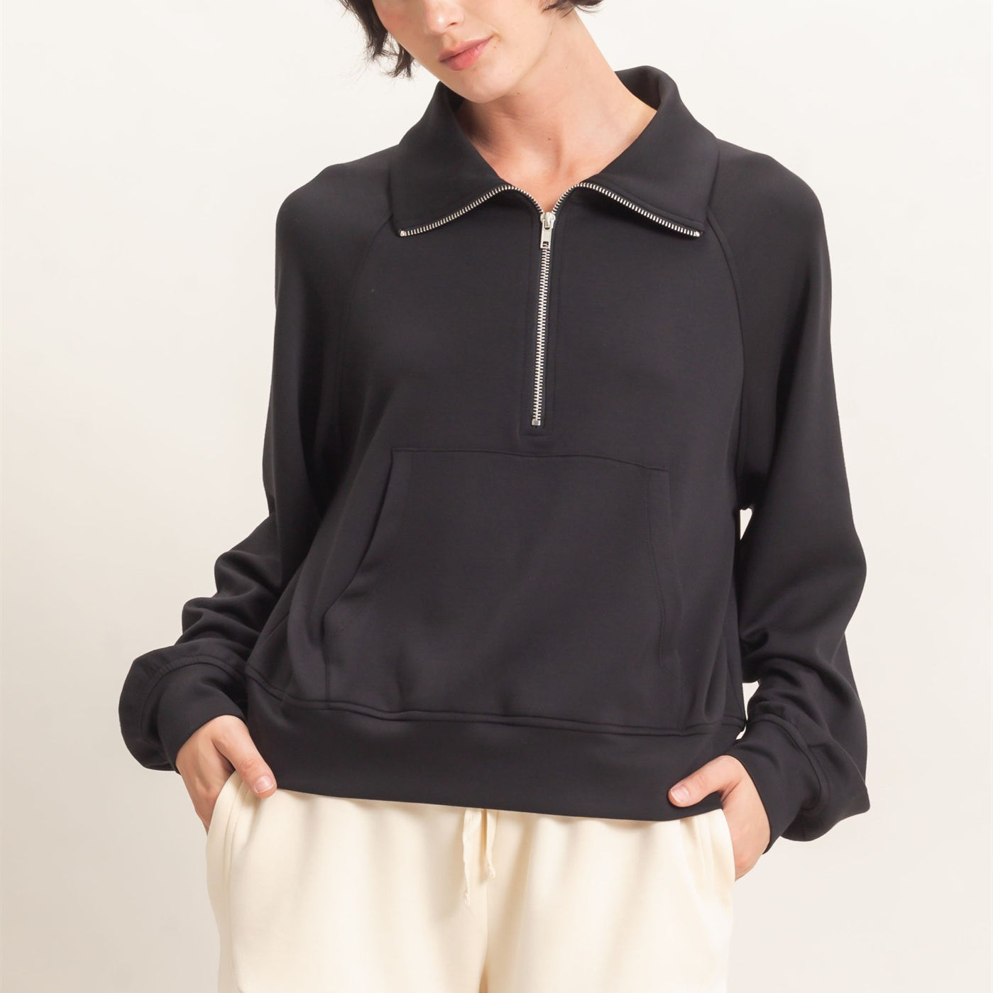 Wholesale Half-Zip Collar Raglan Pullover Sweatshirts DZ26C967 BLACK DOUBLE ZERO