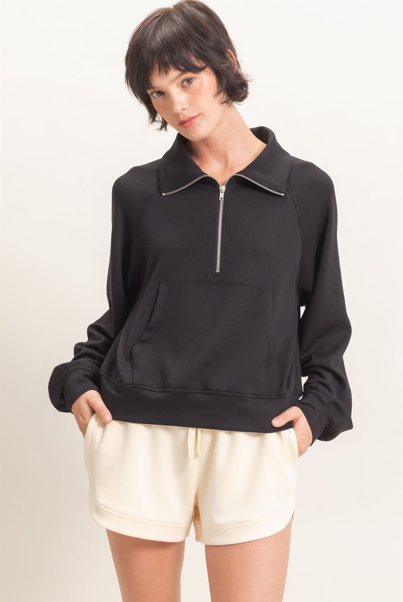 Wholesale Half-Zip Collar Raglan Pullover Sweatshirts DZ26C967 BLACK DOUBLE ZERO