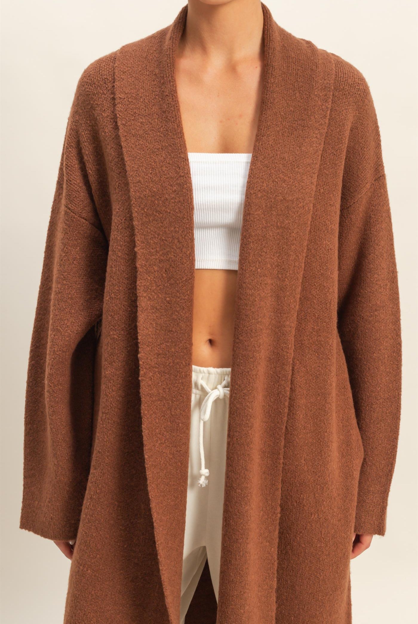 Wholesale Longline Open Front Duster Sweater Cardigans DZ25F435 CHESTNUT DOUBLE ZERO