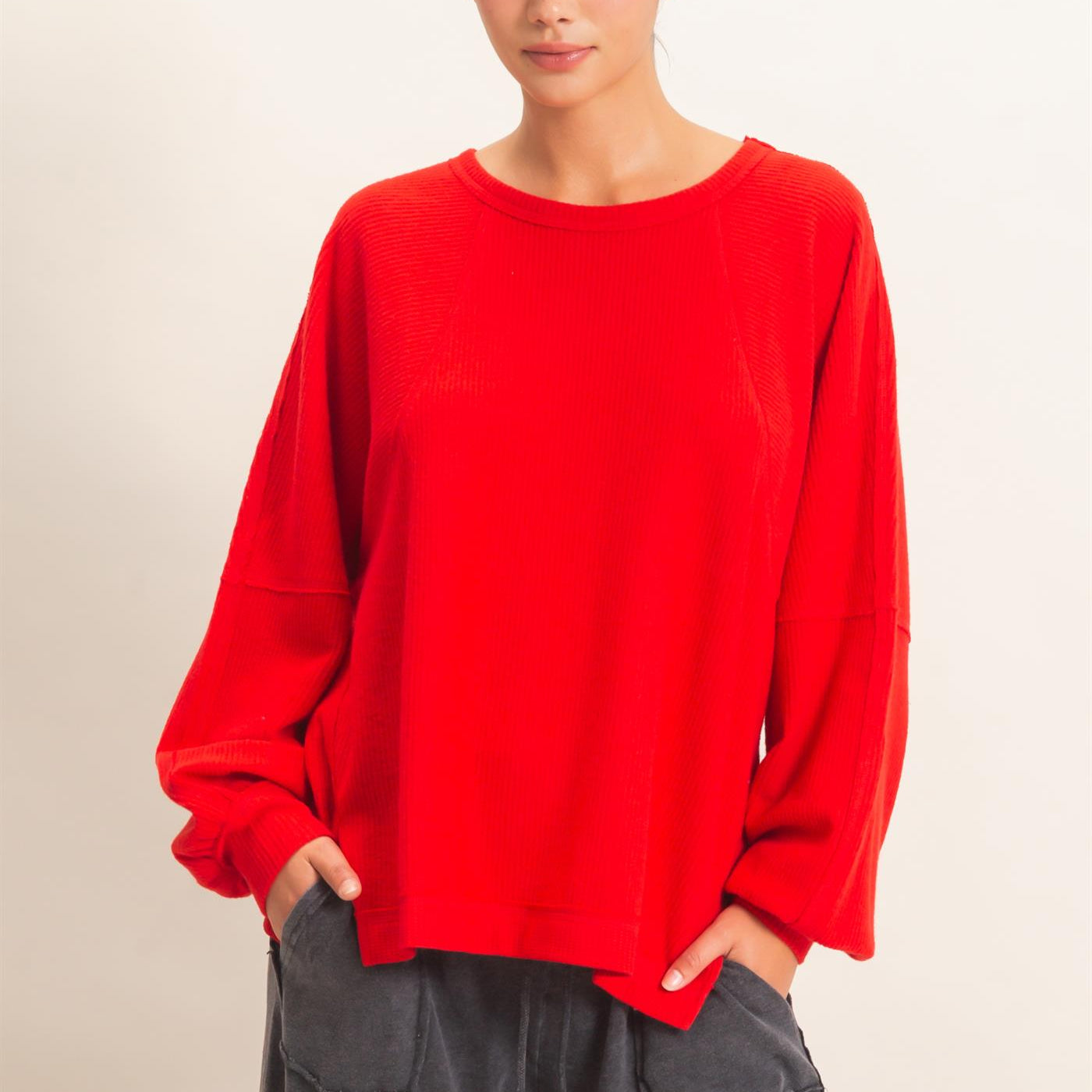 Wholesale Brushed Waffle Long Sleeve Top Clothing Tops DZ26F312 RED DOUBLE ZERO