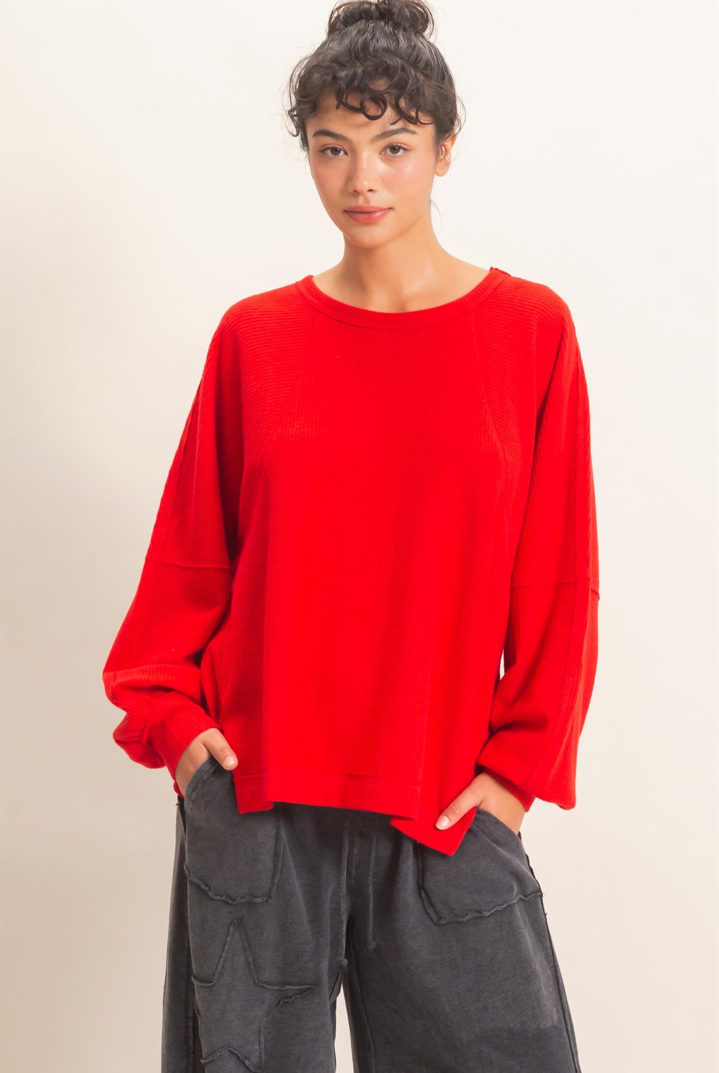 Wholesale Brushed Waffle Long Sleeve Top Clothing Tops DZ26F312 RED DOUBLE ZERO