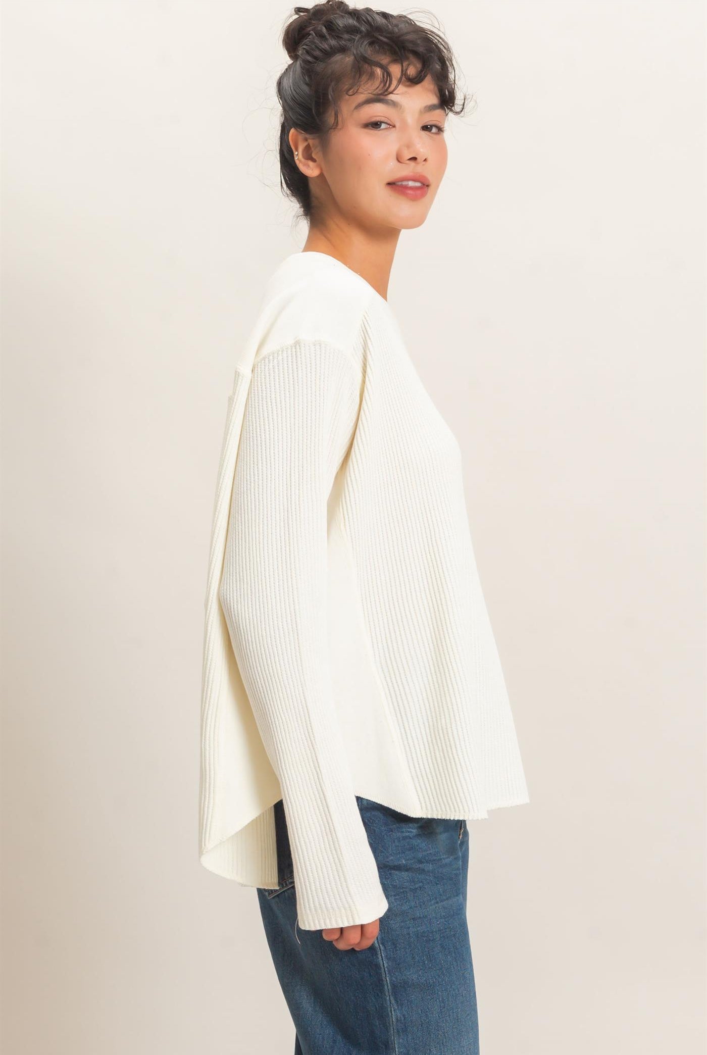 Wholesale Oversized Mineral Washed Waffle Knit Top Clothing Tops DZ26E654 CREAM DOUBLE ZERO