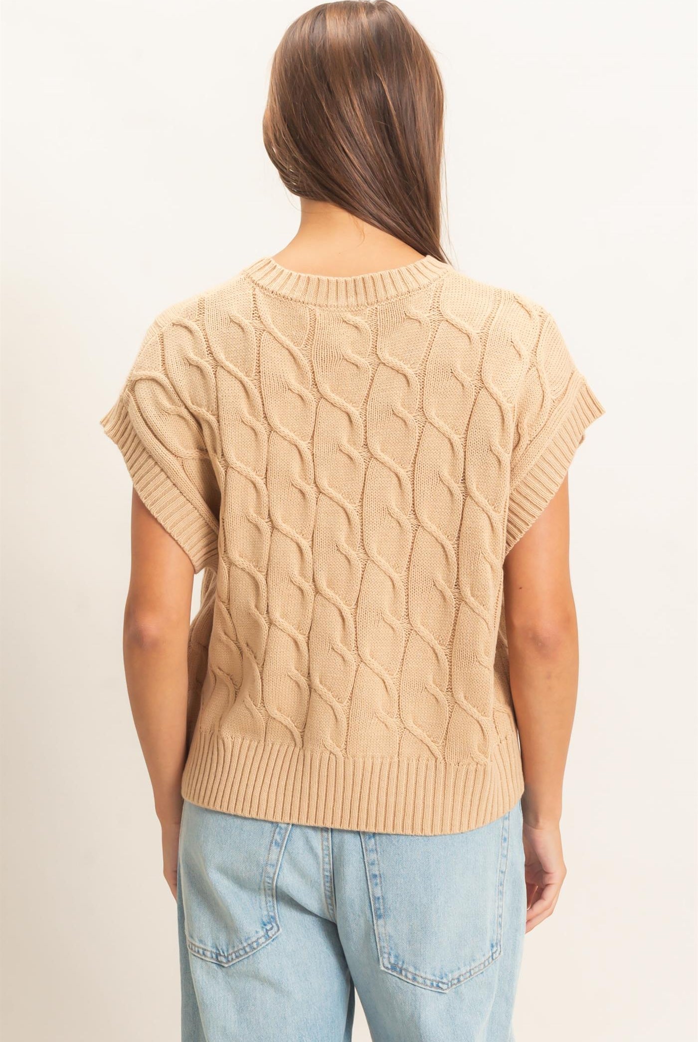 Wholesale Cable Knit Cap Sleeve Sweater Sweaters DZ26C974 TAUPE DOUBLE ZERO