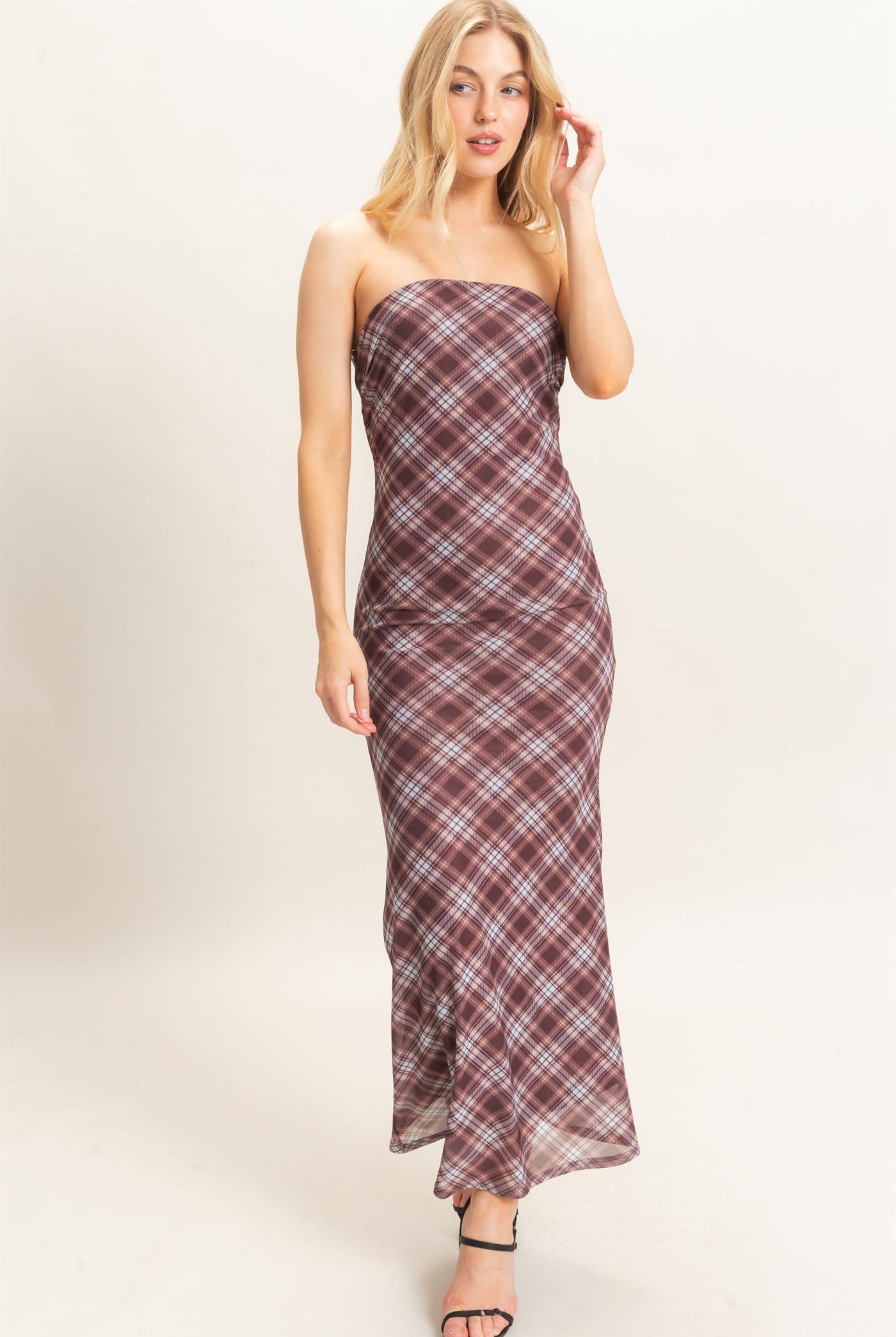 Wholesale Strapless Printed Mesh Maxi Dress Dresses HF26F212 BROWN/PLAID HYFVE