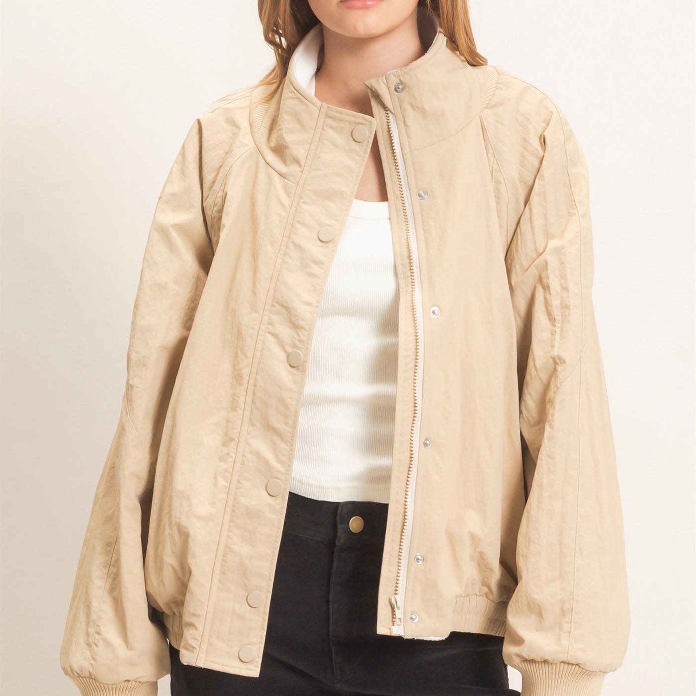 Wholesale Fleece-Lined Mock Neck Snap Jacket Coats & Jackets HF26C918 BEIGE HYFVE