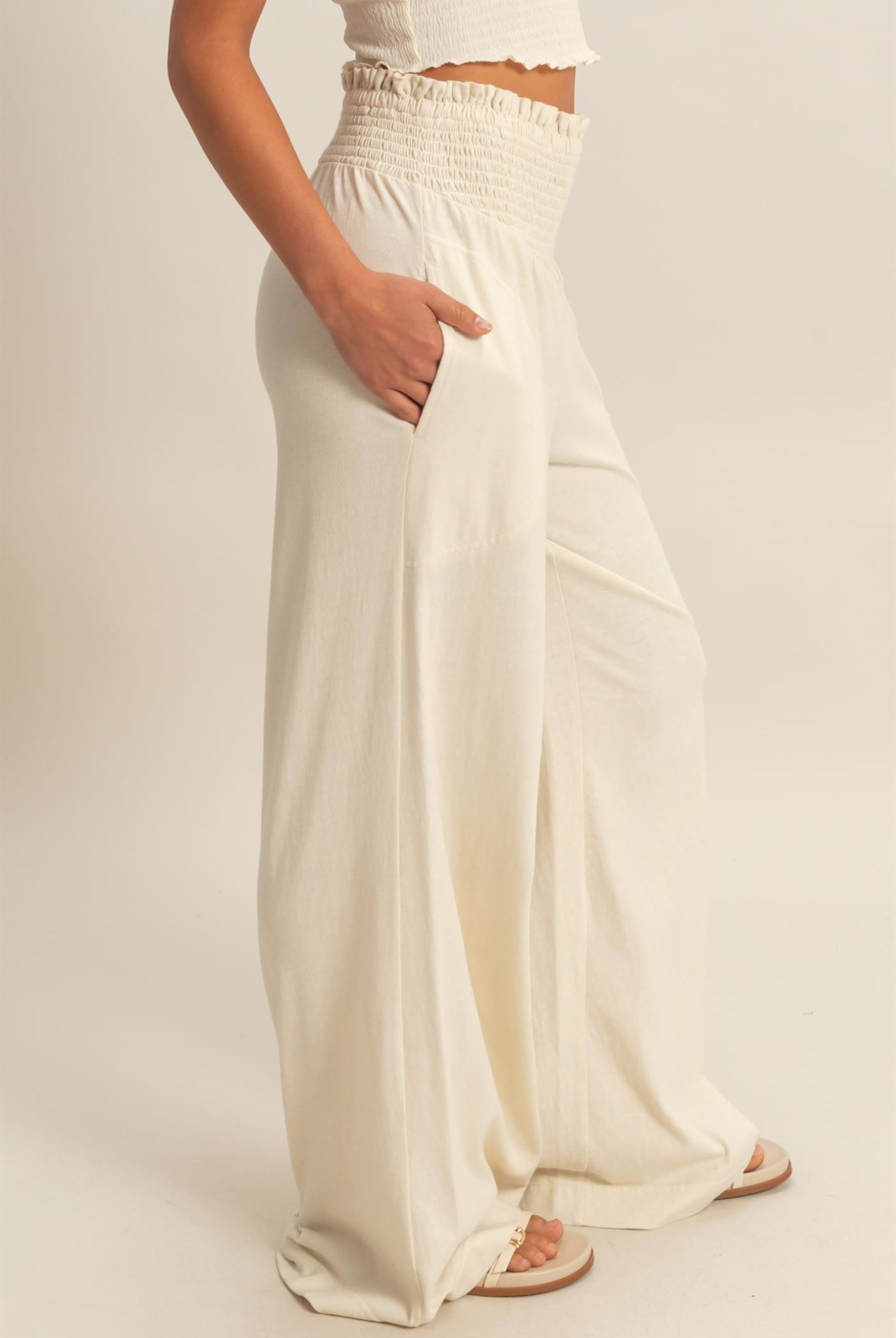 Wholesale Mineral Washed Wide-Leg Smocked Waist Pants Pants DZ26A249 ALPACA DOUBLE ZERO