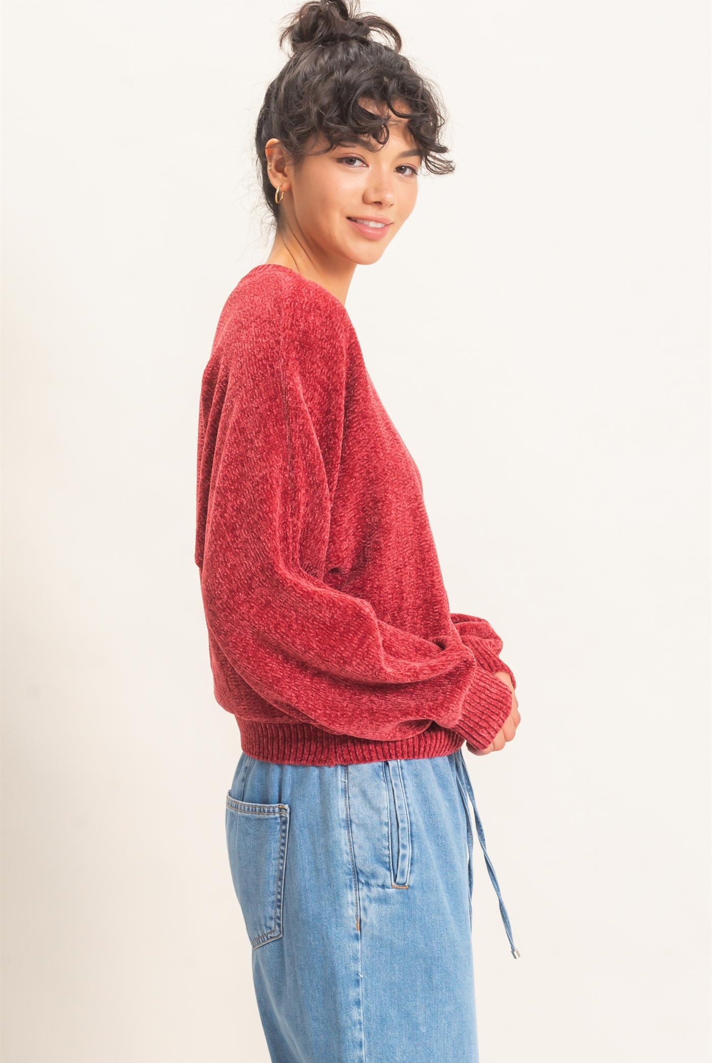 Wholesale Chenille Crew Neck Sweater Sweaters DZ26E264 DARK RED DOUBLE ZERO