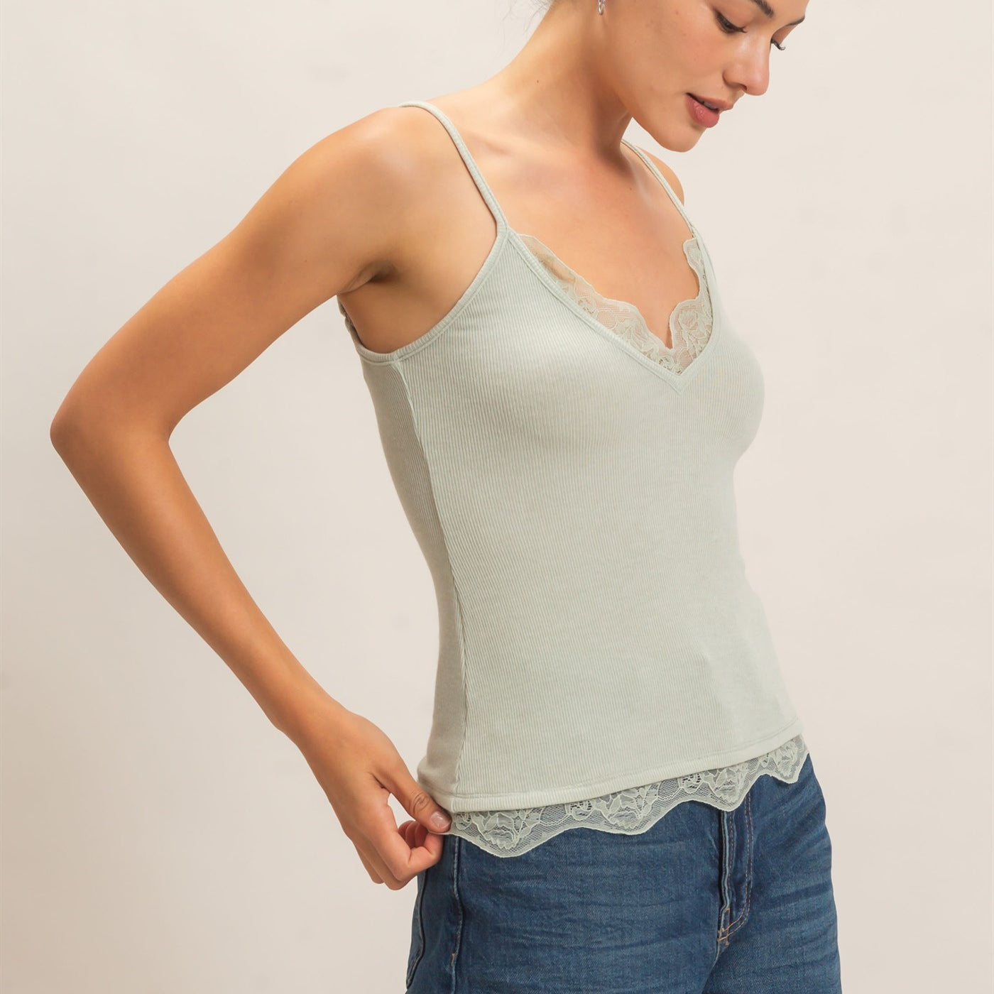 Wholesale Knit Lace Trim Camisole Tank Tops HF26E014 SAGE GEEEN HYFVE