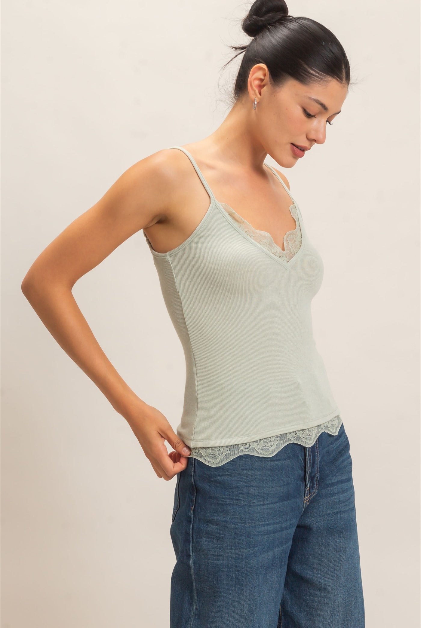 Wholesale Knit Lace Trim Camisole Tank Tops HF26E014 SAGE GEEEN HYFVE