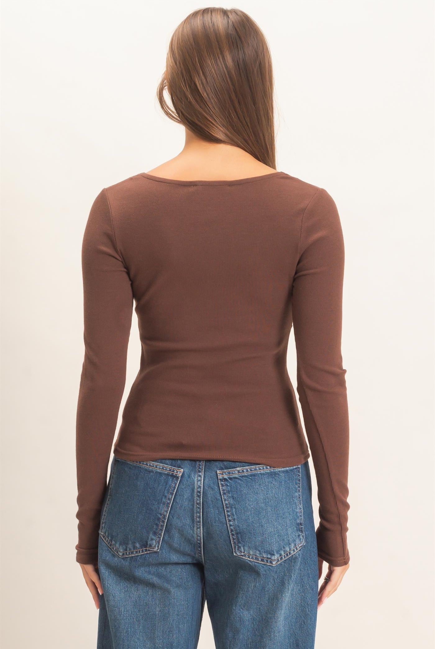 Wholesale Lace Trim V-Neck Top Clothing Tops DZ26E913 DARK BROWN DOUBLE ZERO