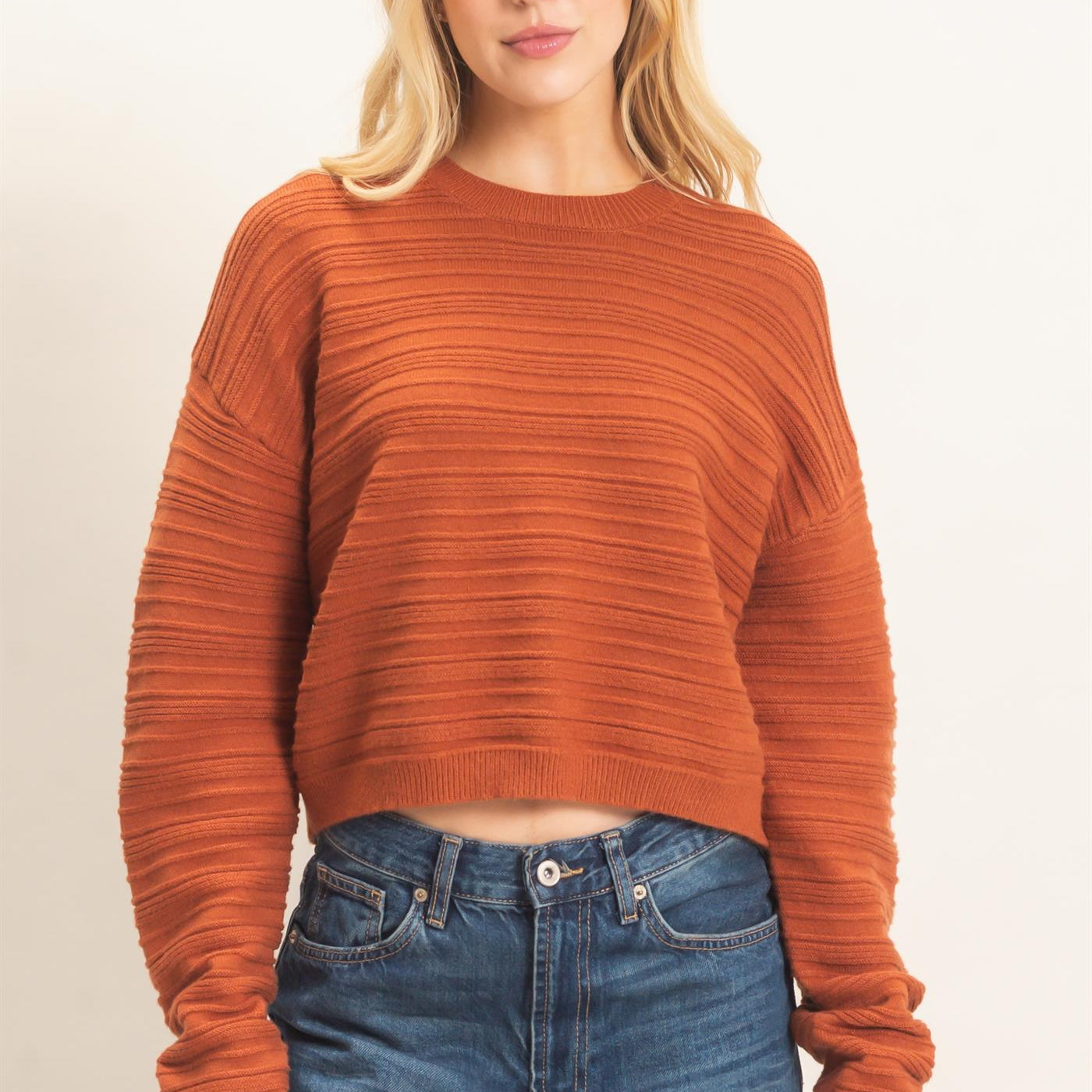 Wholesale Textured Crew Neck Sweater Sweaters HF26F196 BROWN HYFVE