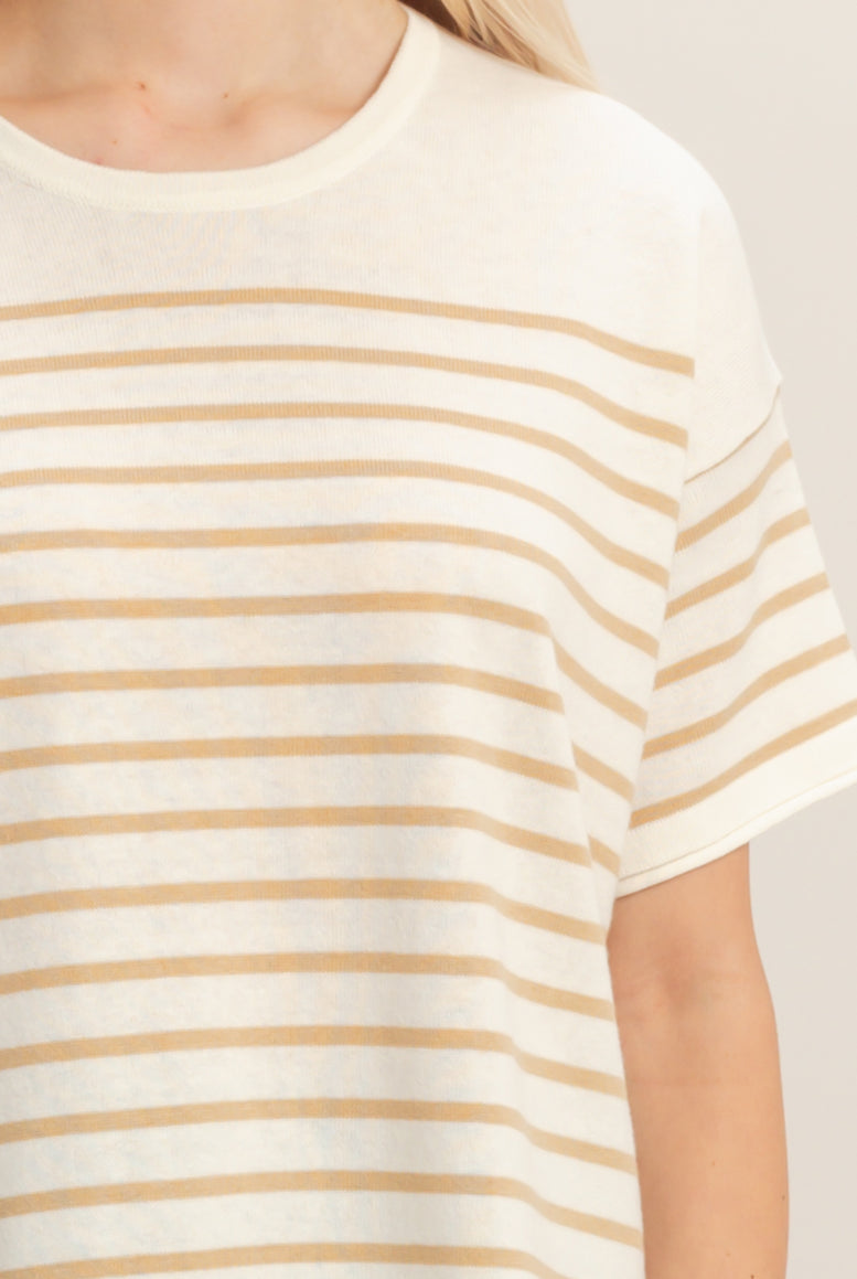 Wholesale Striped Short Sleeve Knit Top Clothing Tops DZ26A838 TAUPE DOUBLE ZERO