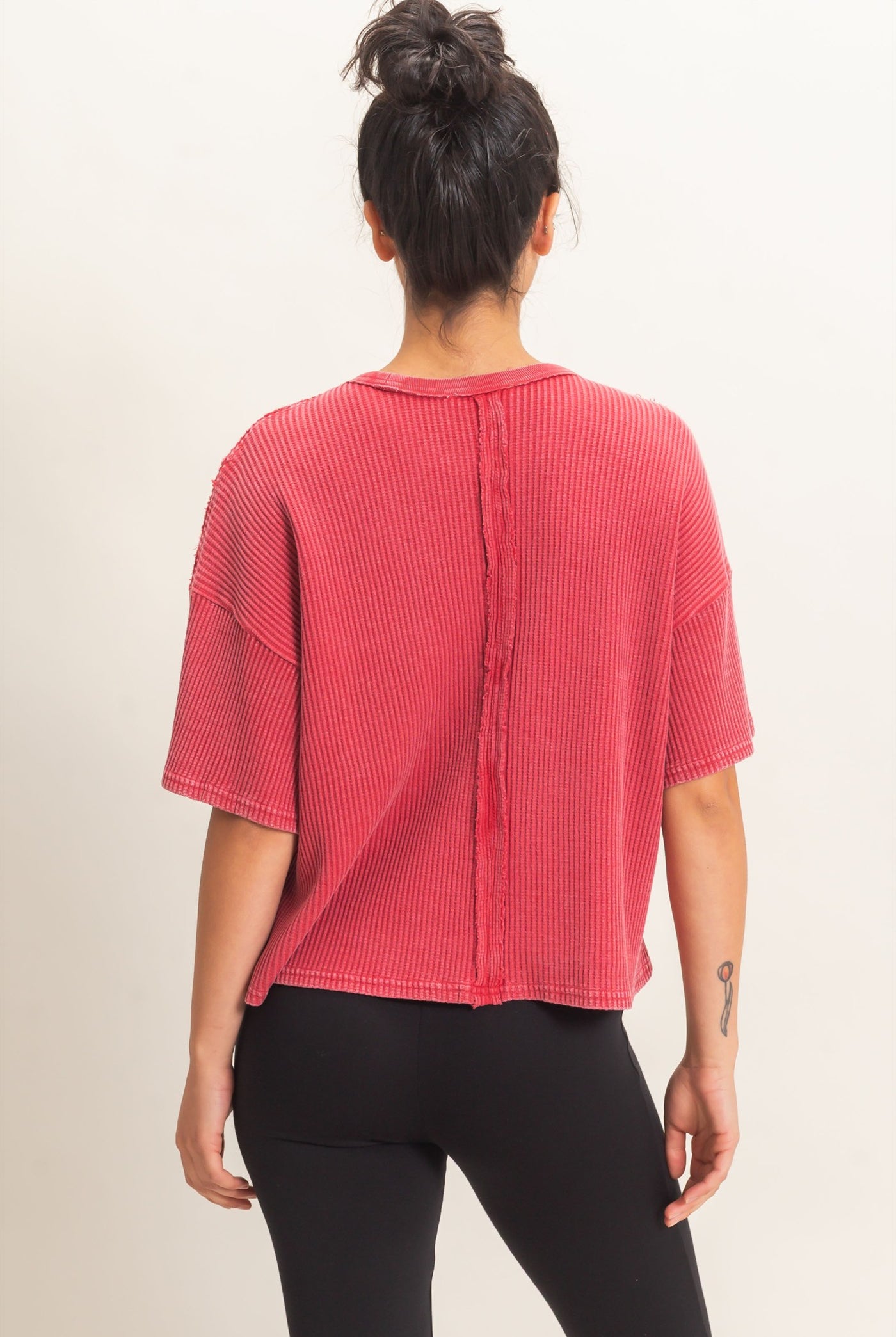 Wholesale Mineral Wash Waffle Knit Pocket Top Clothing Tops DZ26E222 DARK RED DOUBLE ZERO