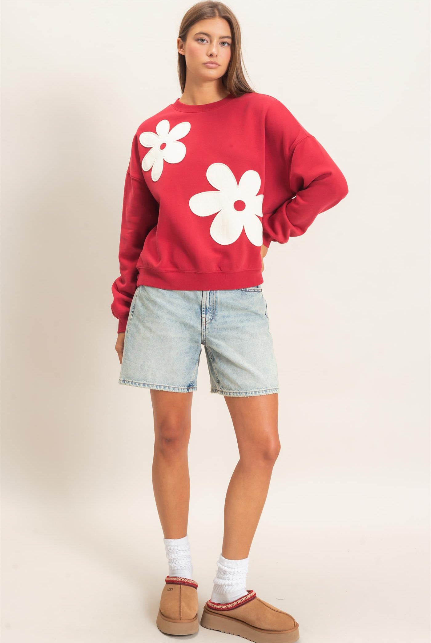 Wholesale Floral Applique Crew Neck Sweatshirt Sweatshirts DZ26E708 DARK RED DOUBLE ZERO