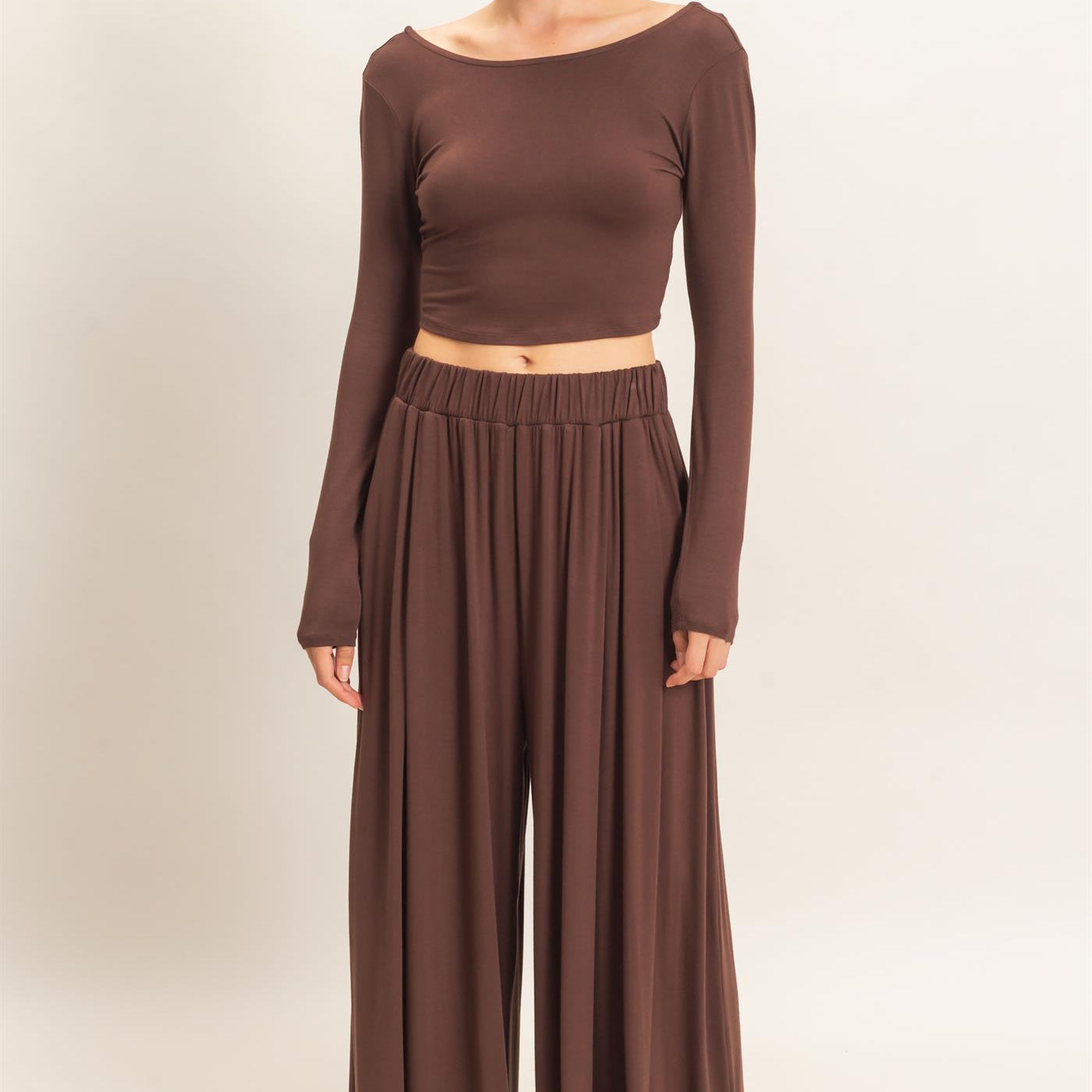 Wholesale Long Sleeve Top & Wide Leg Pants Set Clothing HF26F227-SET-D ESPRESSO HYFVE