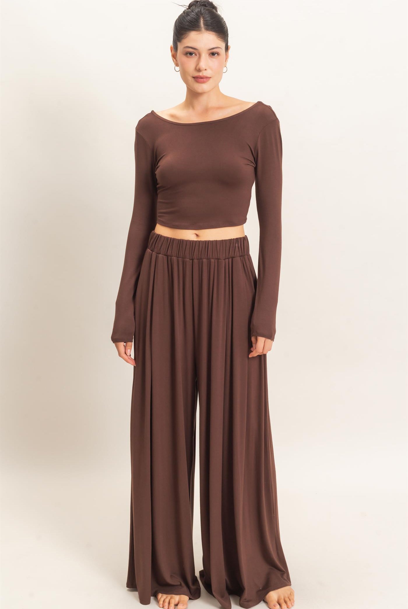 Wholesale Long Sleeve Top & Wide Leg Pants Set Clothing HF26F227-SET-D ESPRESSO HYFVE