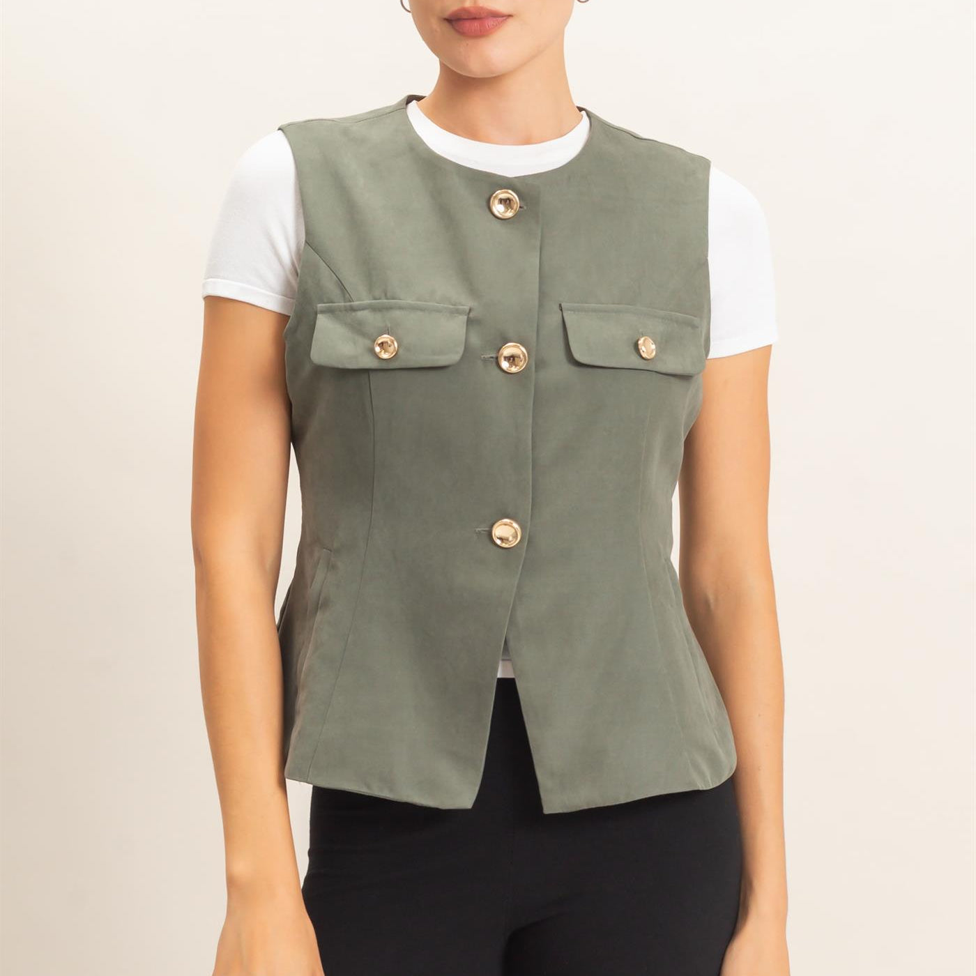 Wholesale Buttoned Sleeveless Utility Vest Vests HF26E929 FOREST GREEN HYFVE