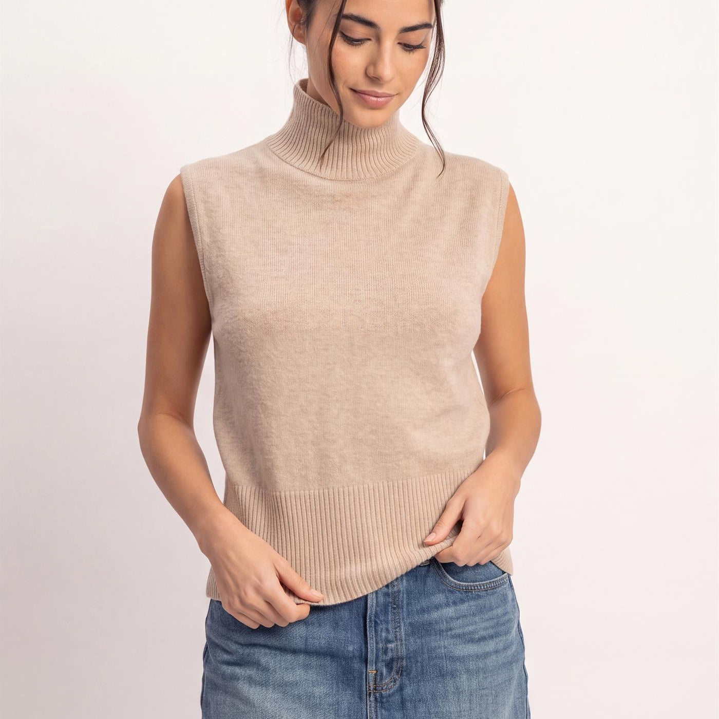 Wholesale Sleeveless High Neck Knit Top Clothing Tops DZ26E946 TAUPE DOUBLE ZERO