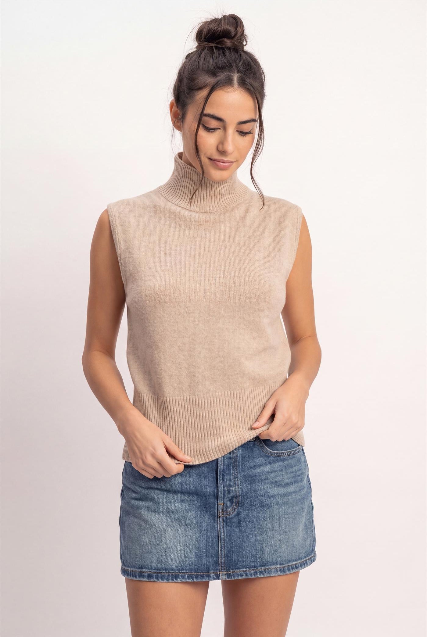 Wholesale Sleeveless High Neck Knit Top Clothing Tops DZ26E946 TAUPE DOUBLE ZERO