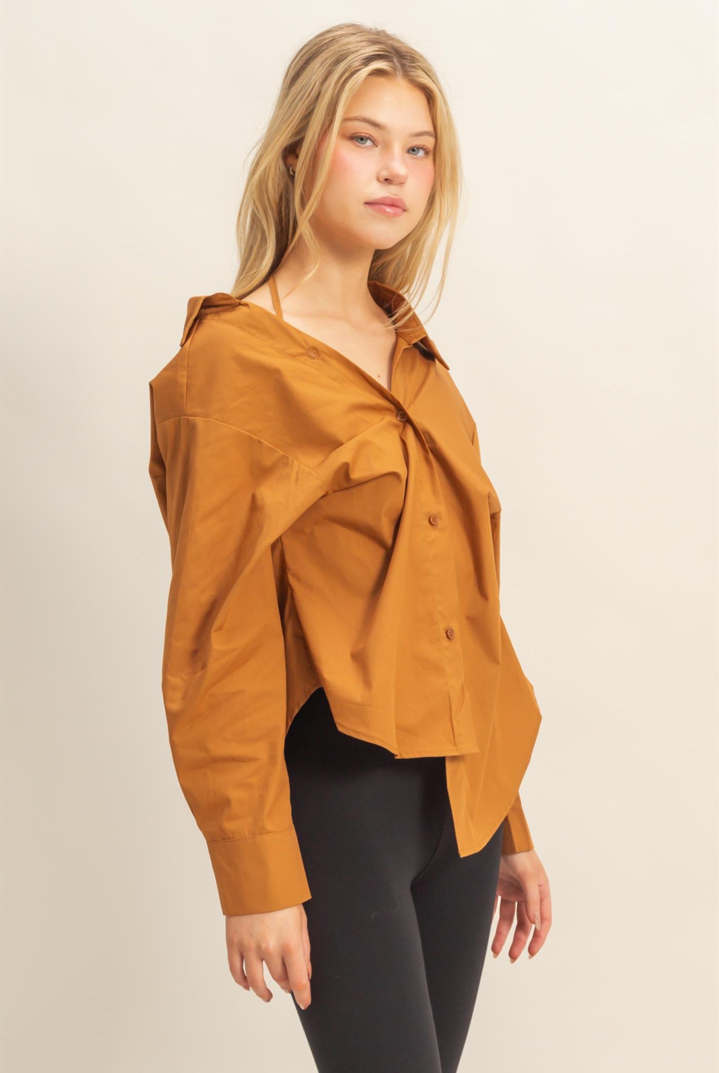 Wholesale Off-The-Shoulder Asymmetrcal Button-Up Shirt Clothing Tops HF22G139 CAMEL HYFVE