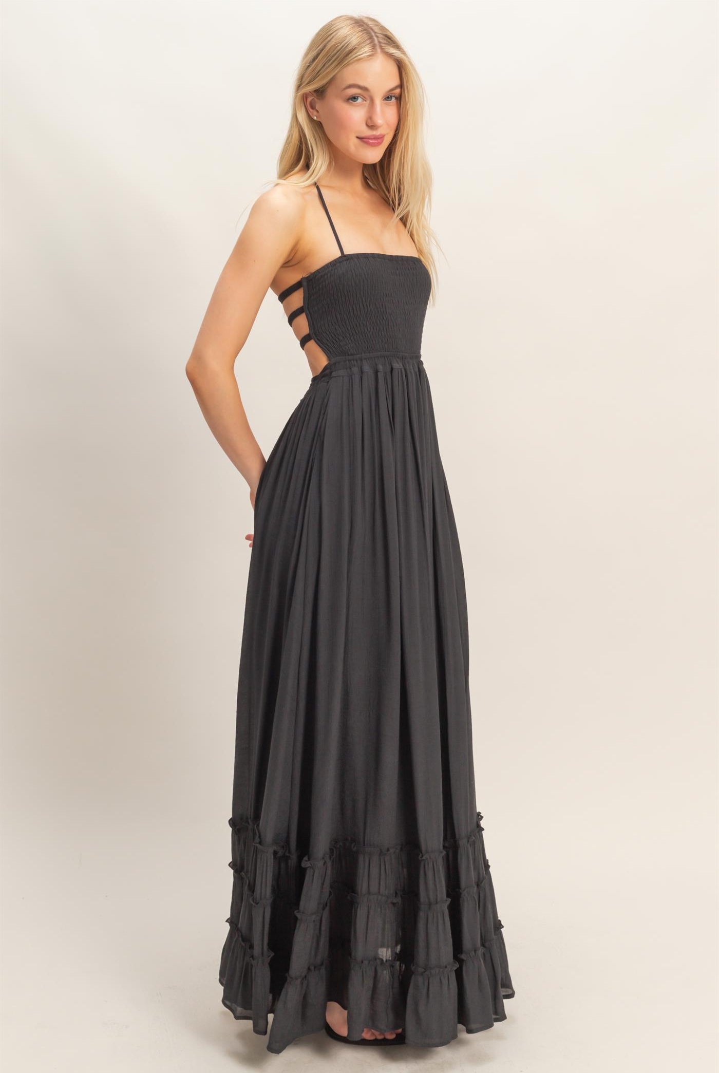 Wholesale Smocked Halter Maxi Dress Dresses HF26C290-D BLACK HYFVE