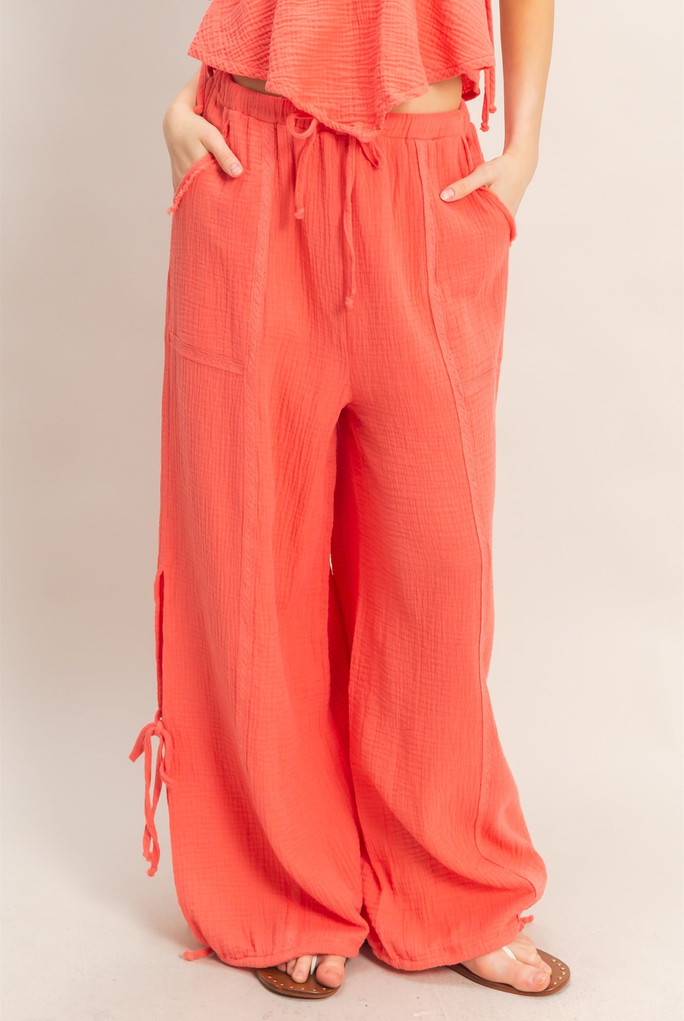 Wholesale Gauze Drawstring Jogger Pants Joggers HF26A822 RED ORANGE HYFVE