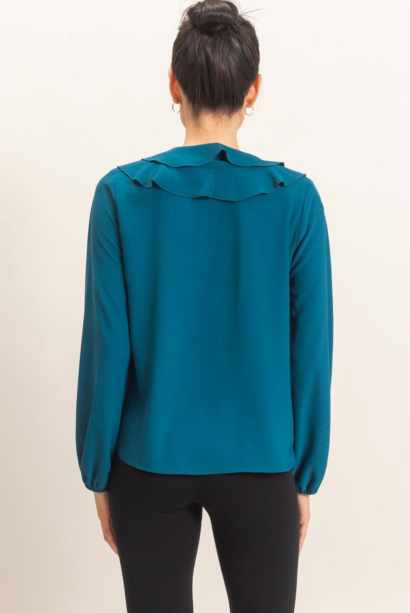 Wholesale Ruffled V-Neck Button-Up Blouse Blouses HF26C739 TEAL HYFVE