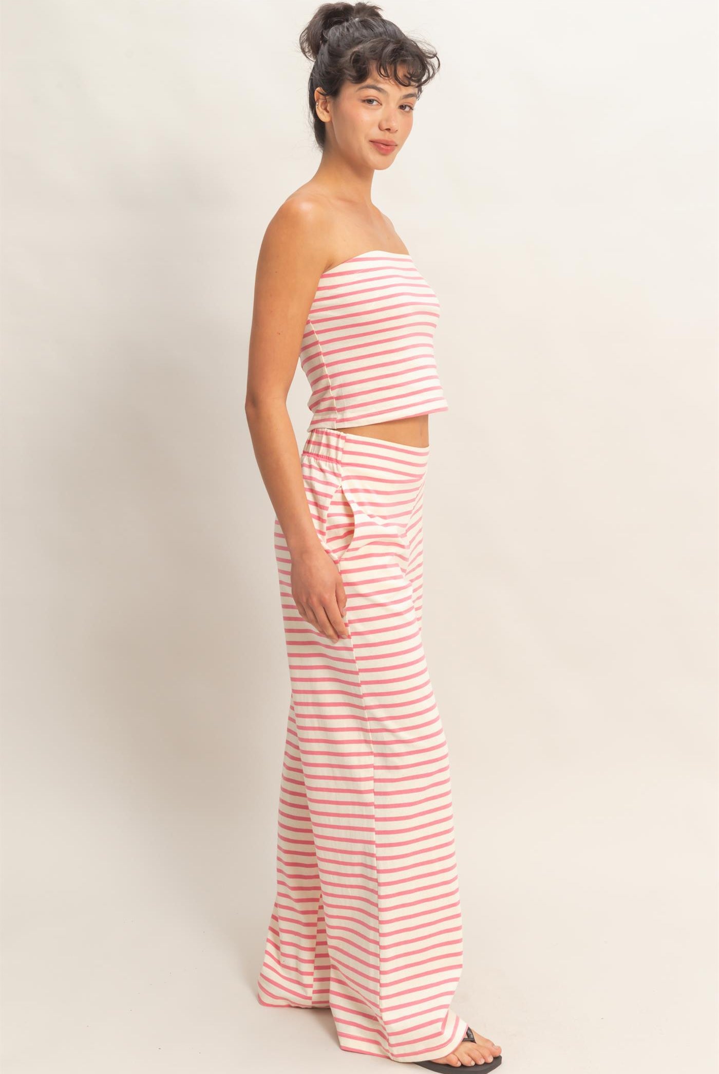 Wholesale Striped Jersey Tube Top And Pants Set Clothing DZ26C621-SET PINK DOUBLE ZERO
