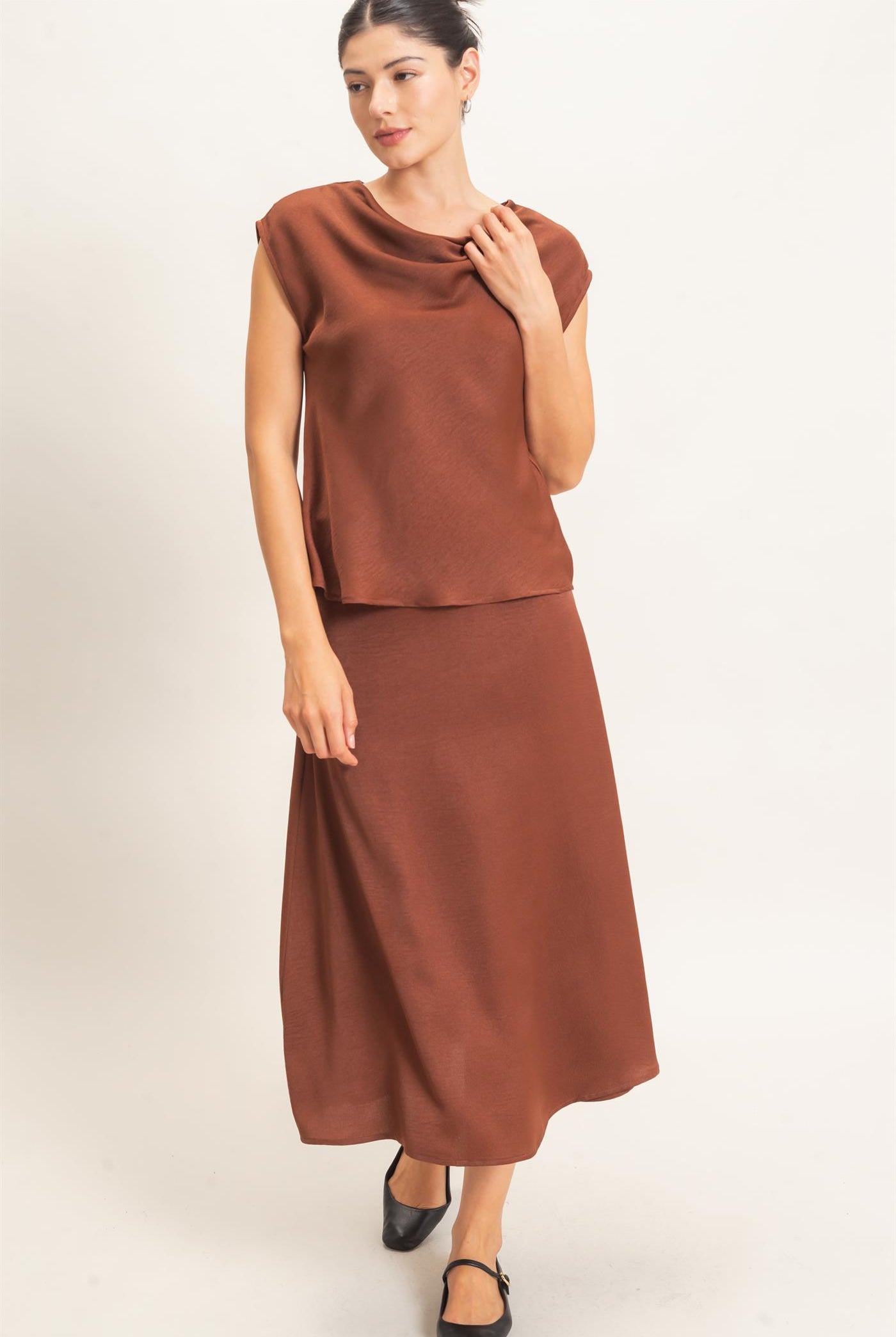 Wholesale Satin Cowl Neck Top And Skirt Set Clothing HF26C690-SET BROWN HYFVE
