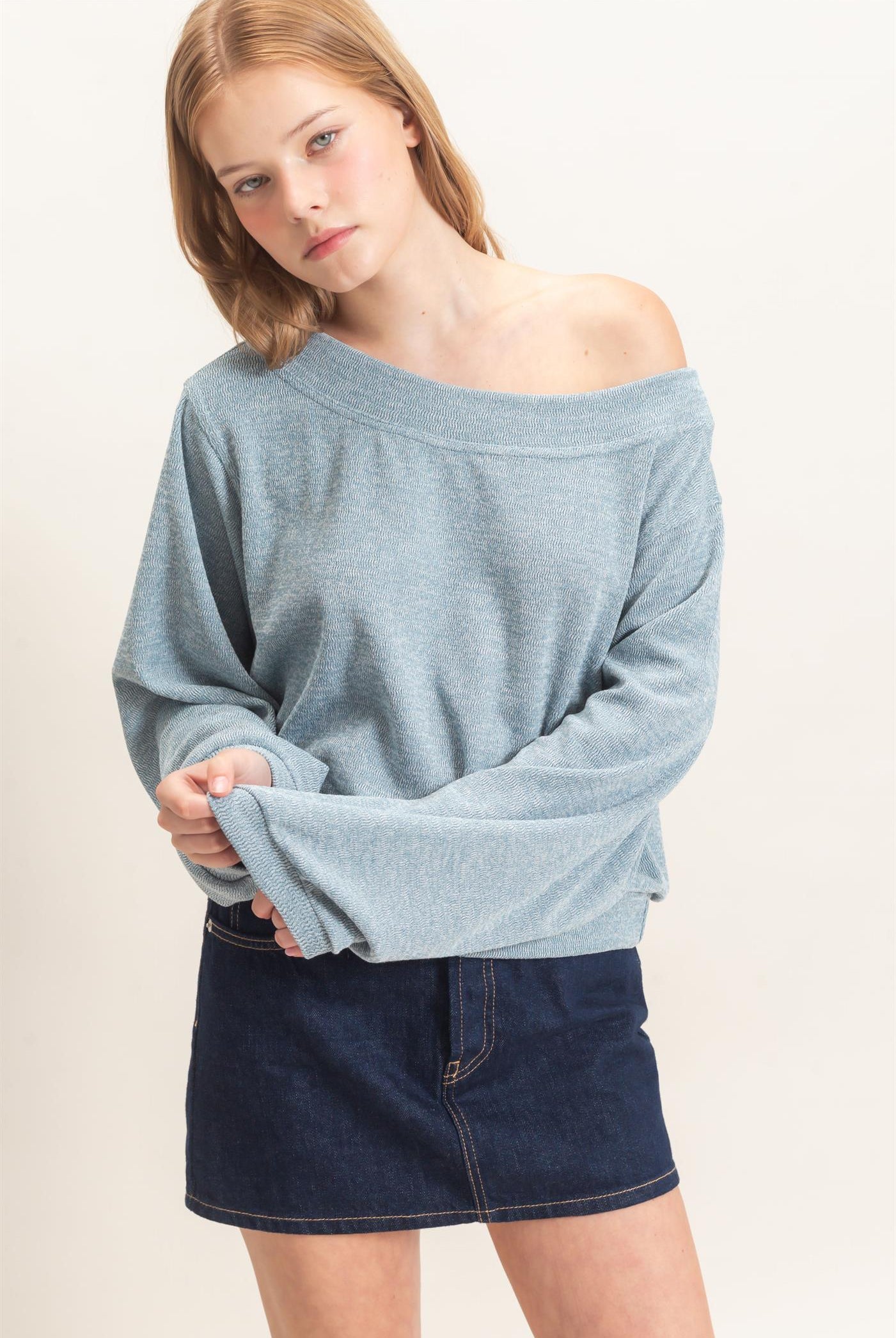 Wholesale Off Shoulder Knit Sweatshirt Blouses HF26F028 BLUE HYFVE
